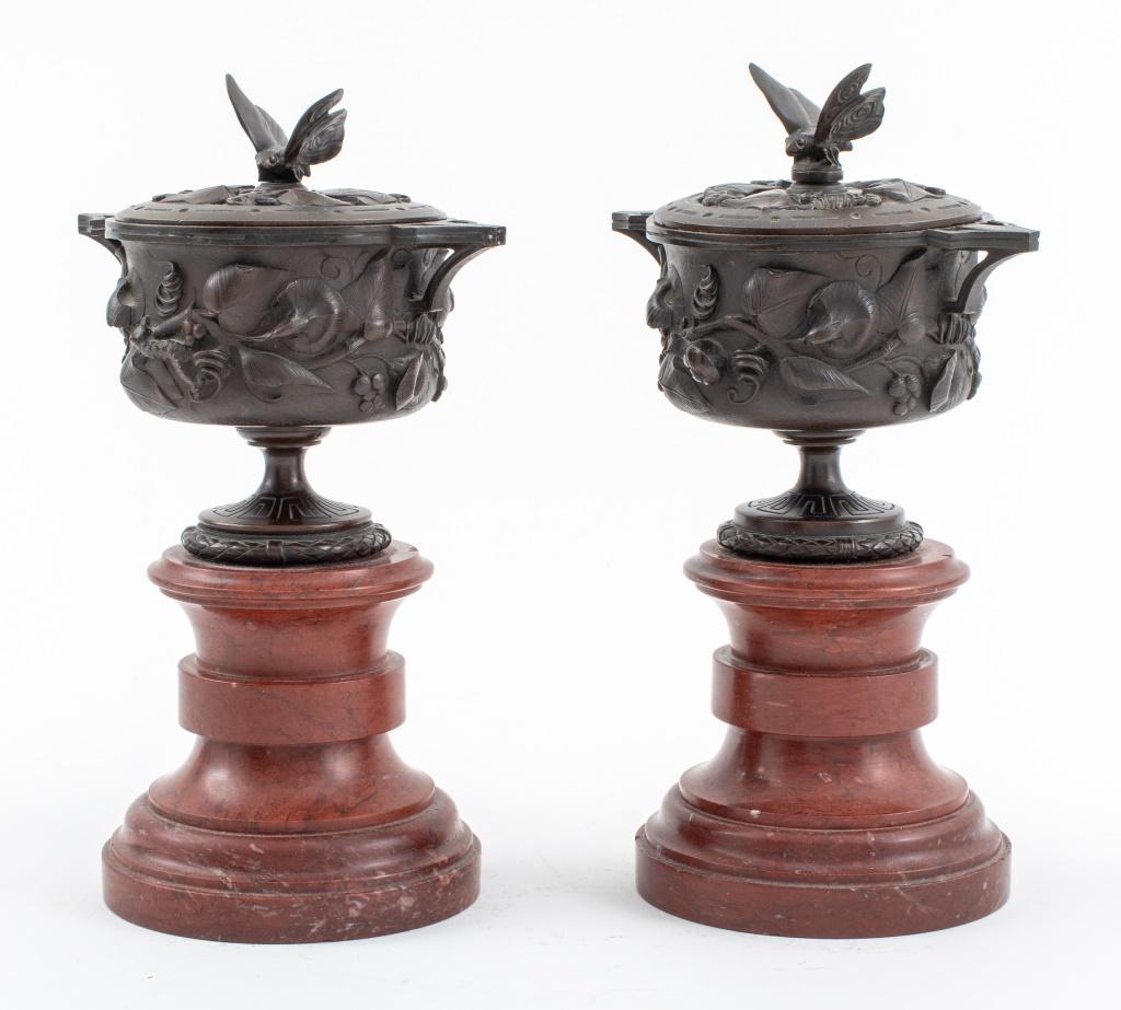 Neoclassical Bronze Covered Urns on Marble, Pair In Good Condition For Sale In New York, NY