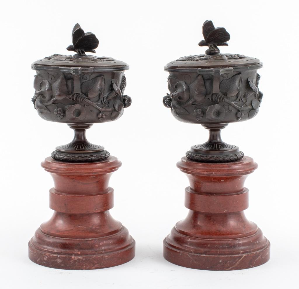 20th Century Neoclassical Bronze Covered Urns on Marble, Pair For Sale