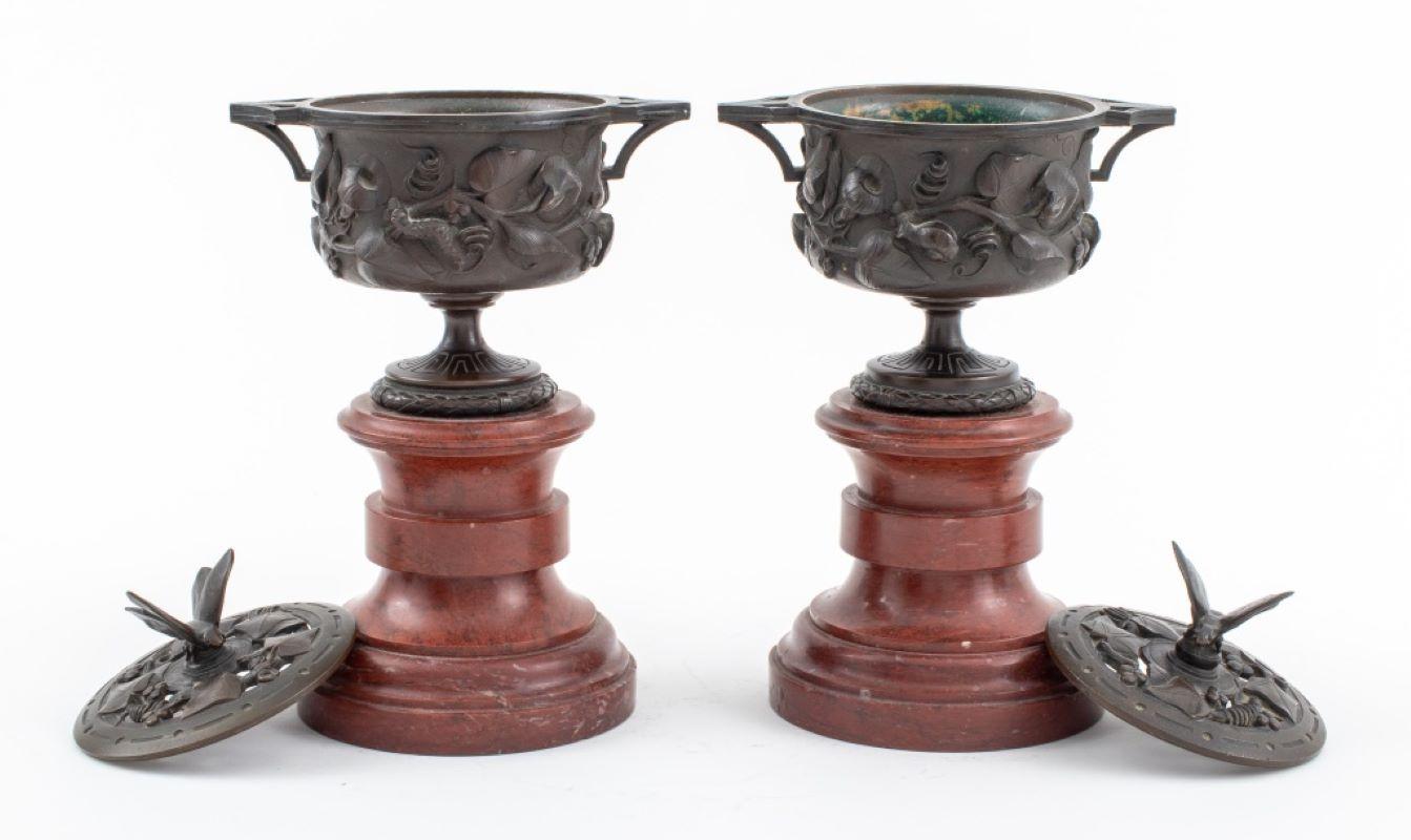 Neoclassical Bronze Covered Urns on Marble, Pair For Sale 3