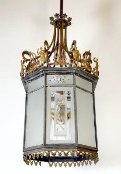Neoclassical Bronze & Etched Glass Ceiling Lantern Pen and Brush Club NYC