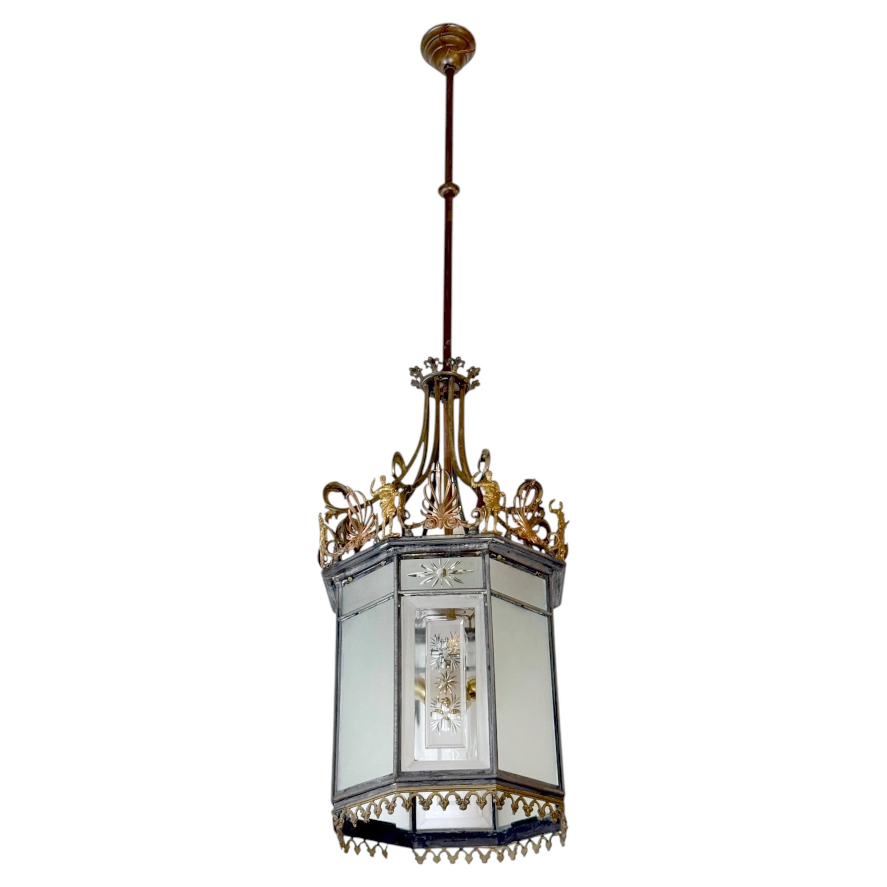 Neoclassical Bronze & Etched Glass Ceiling Lantern Pen and Brush Club NYC For Sale