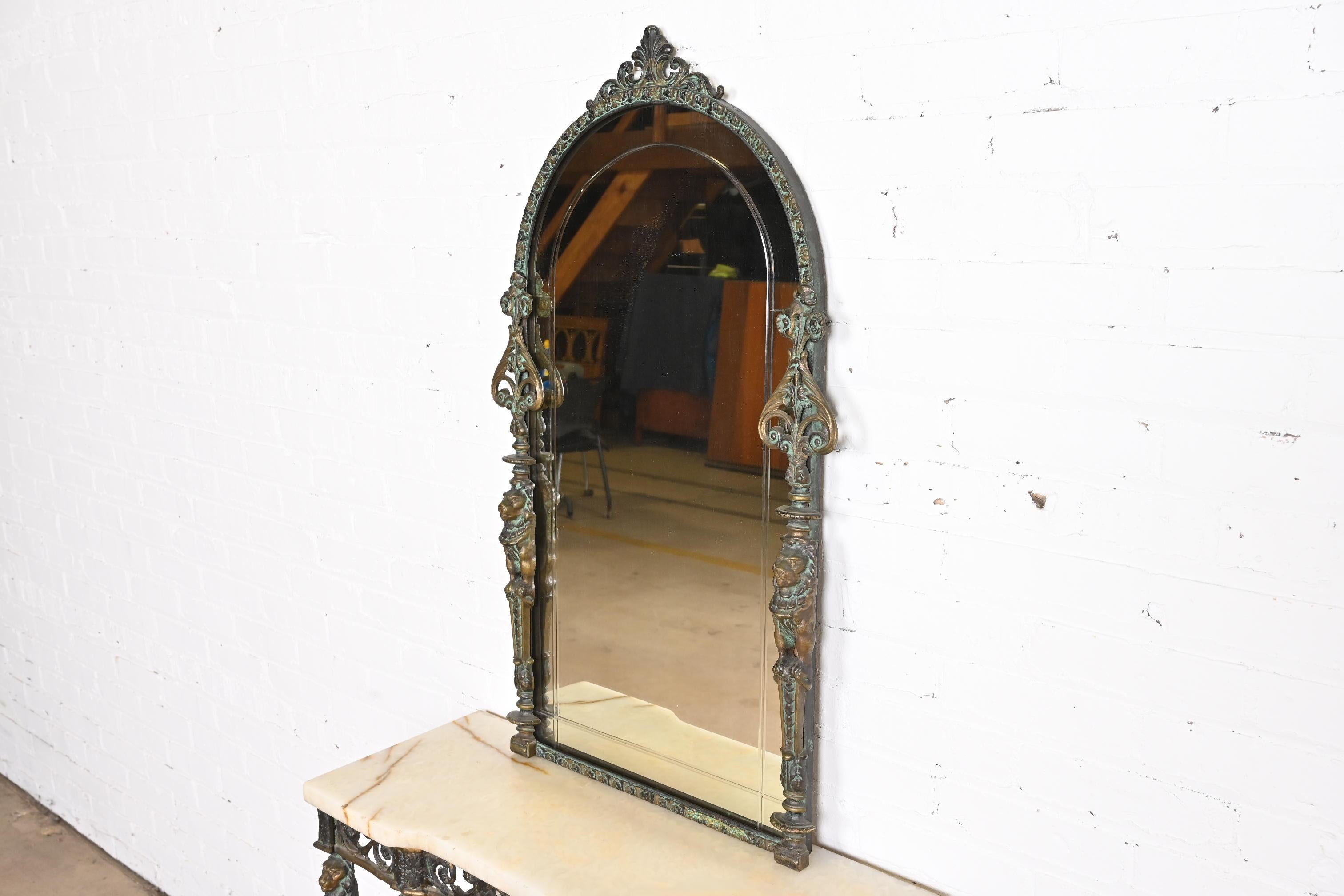 Neoclassical Bronze Marble Top Console with Mirror Attributed to Oscar Bach For Sale 8