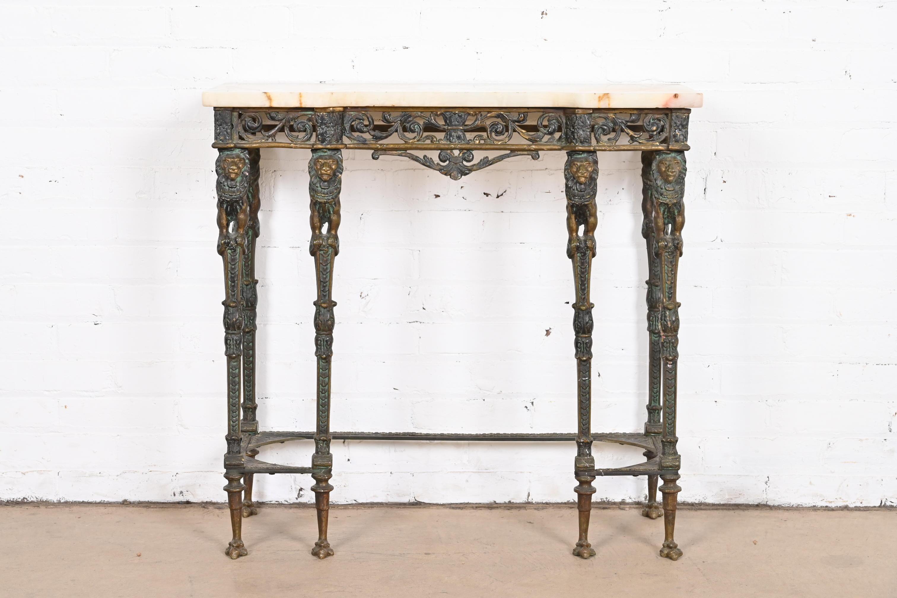 American Neoclassical Bronze Marble Top Console with Mirror Attributed to Oscar Bach For Sale