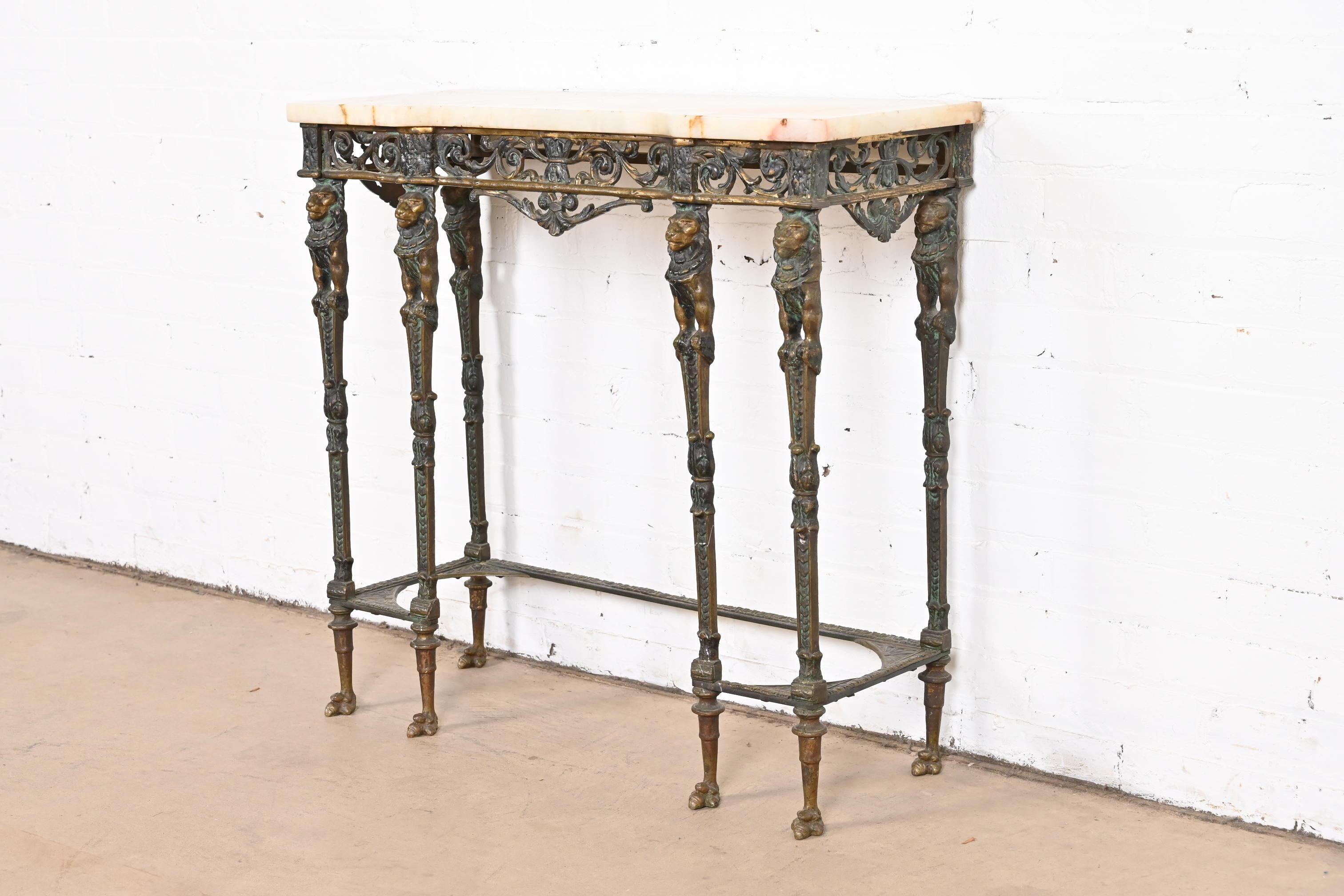 Neoclassical Bronze Marble Top Console with Mirror Attributed to Oscar Bach In Good Condition In South Bend, IN