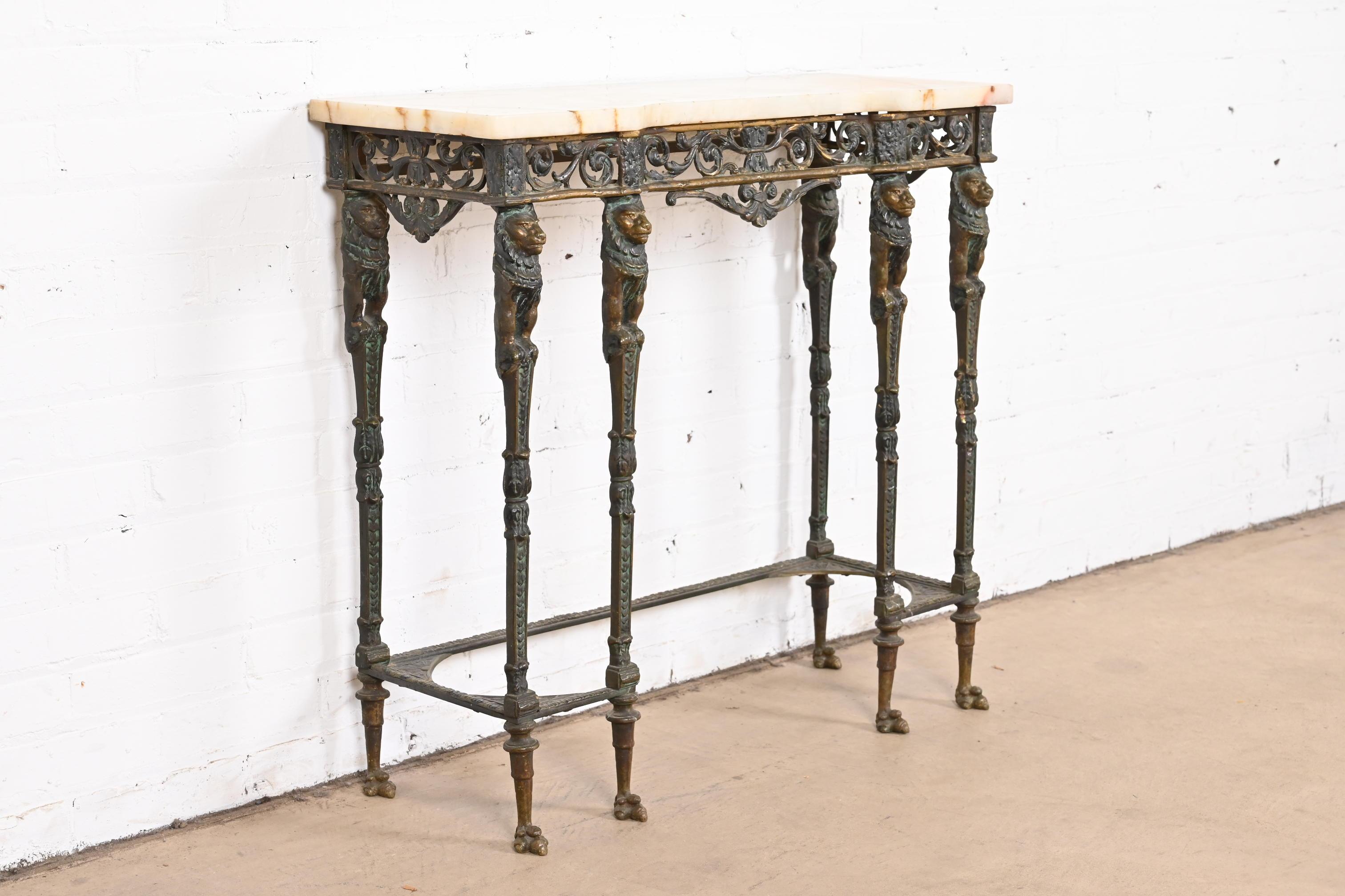 20th Century Neoclassical Bronze Marble Top Console with Mirror Attributed to Oscar Bach For Sale