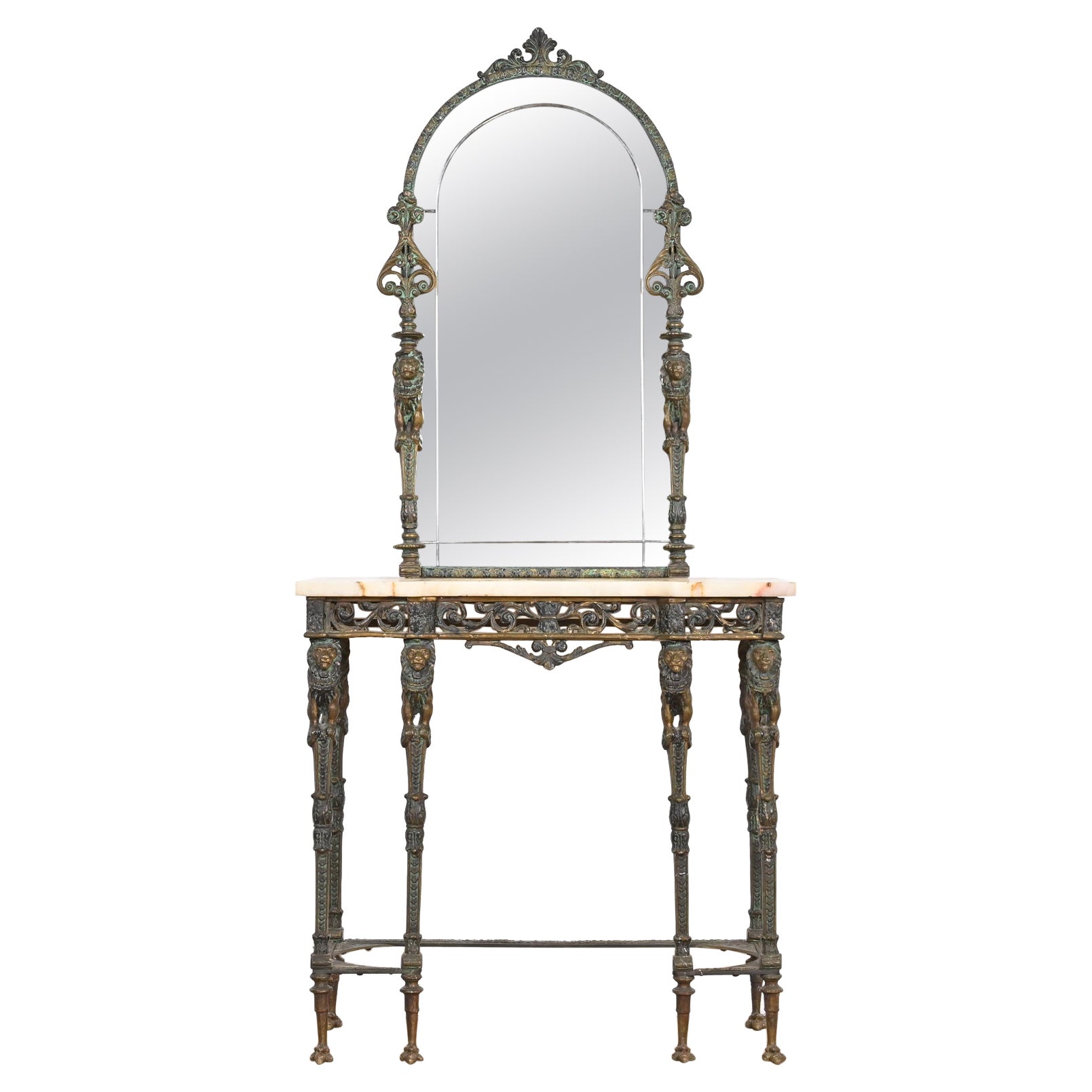 Neoclassical Bronze Marble Top Console with Mirror Attributed to Oscar Bach