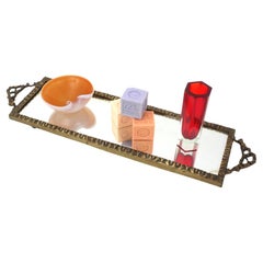 Neoclassical Bronze Mirror Tray with Ribbon & Bow Handles and Rectangular Shape