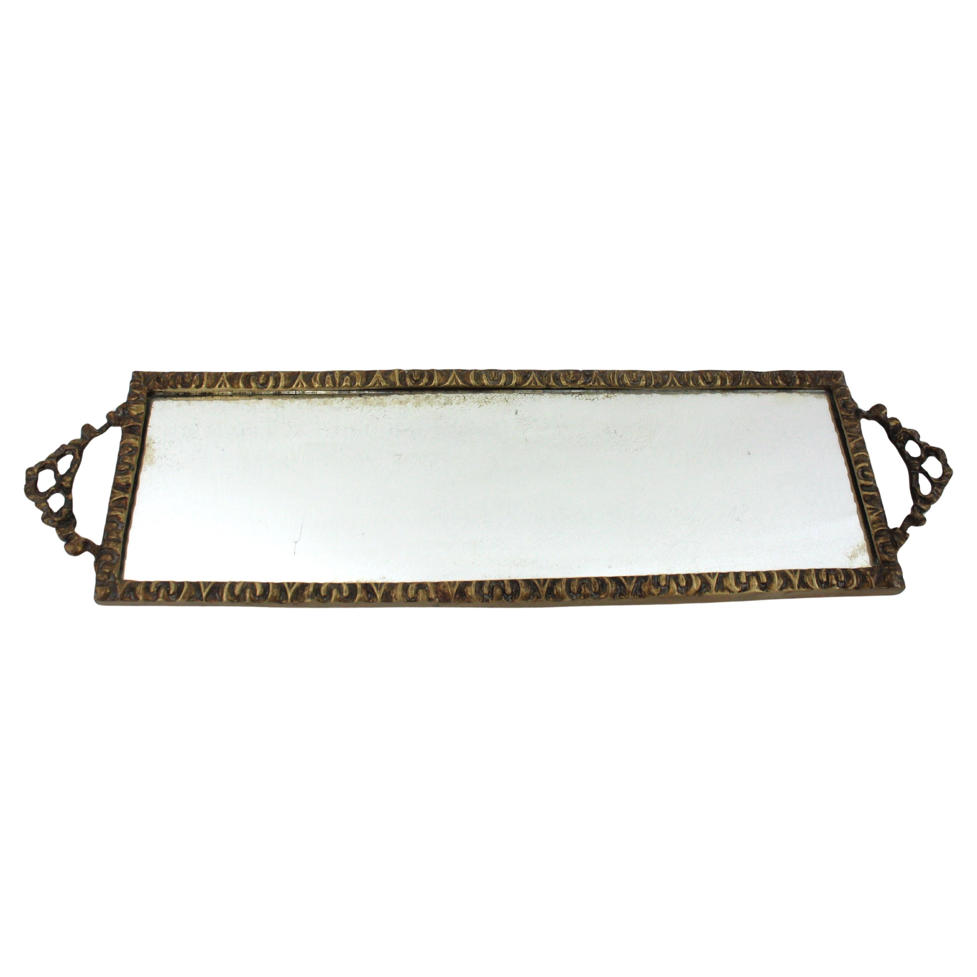 French Neoclassical Bronze Mirror Tray with Ribbon & Bow Handles and Rectangular Shape For Sale