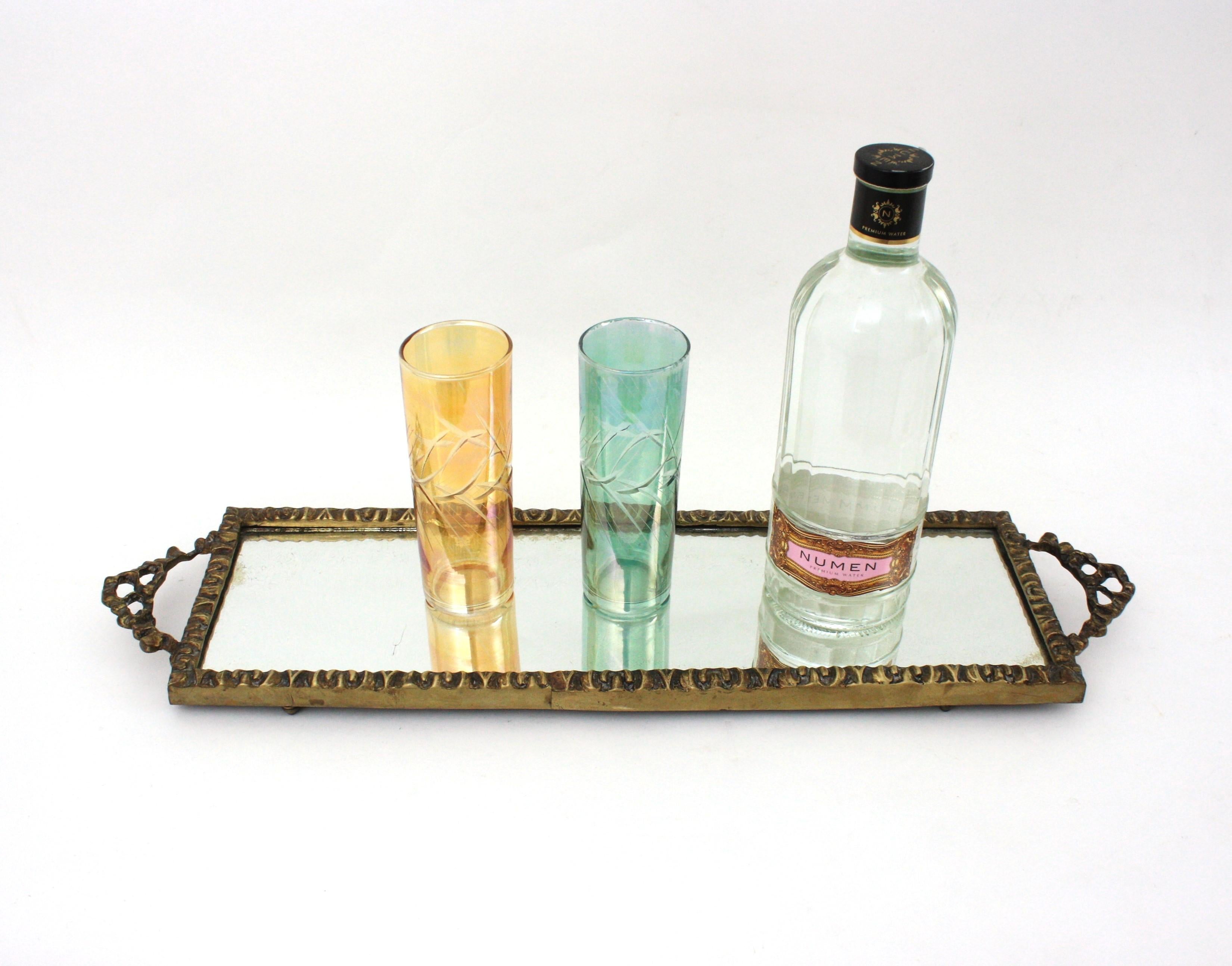 20th Century Neoclassical Bronze Mirror Tray with Ribbon & Bow Handles and Rectangular Shape For Sale