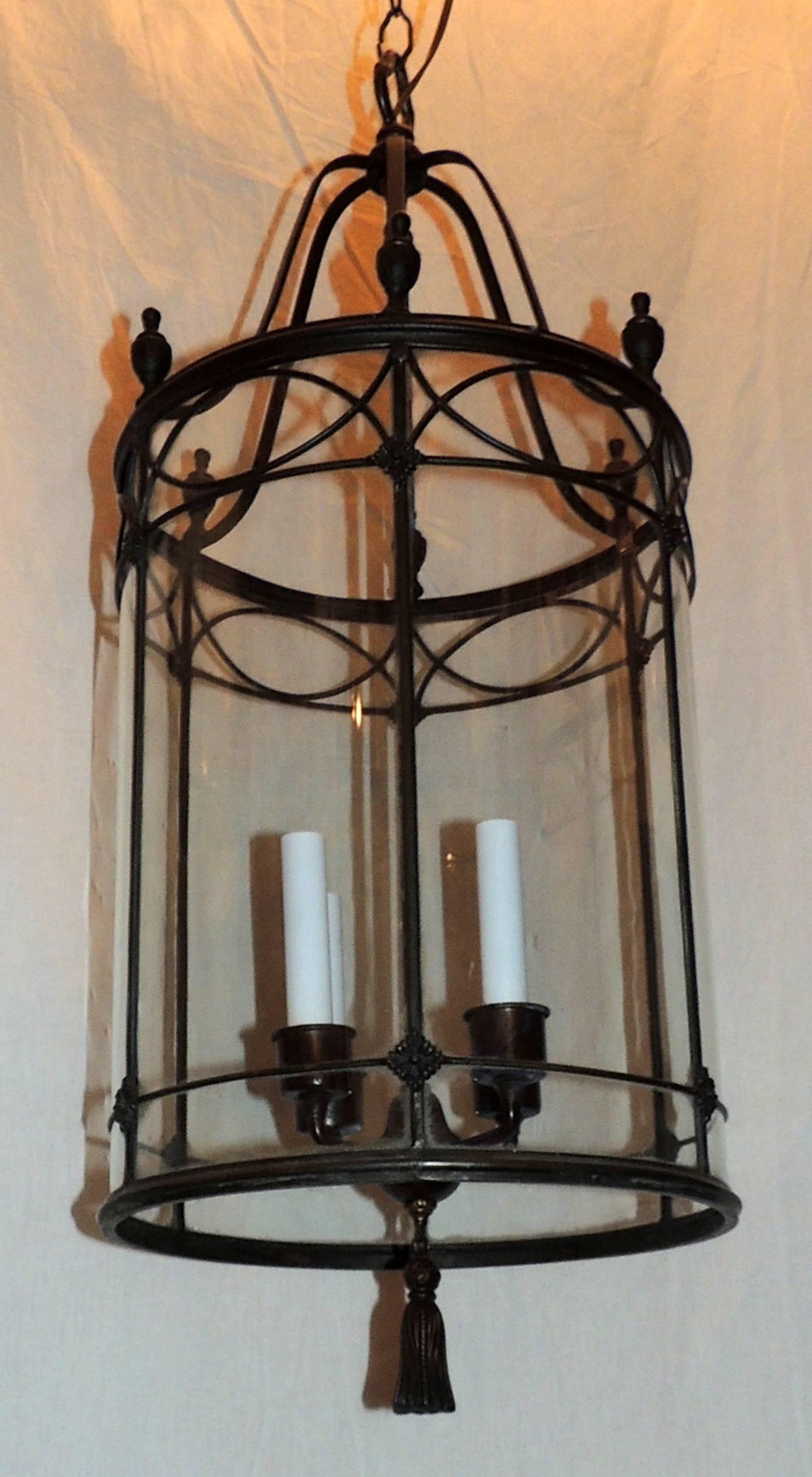 Patinated Bronze Panel Round Bent Glass Lantern Four-Light Caldwell Urn Fixture For Sale