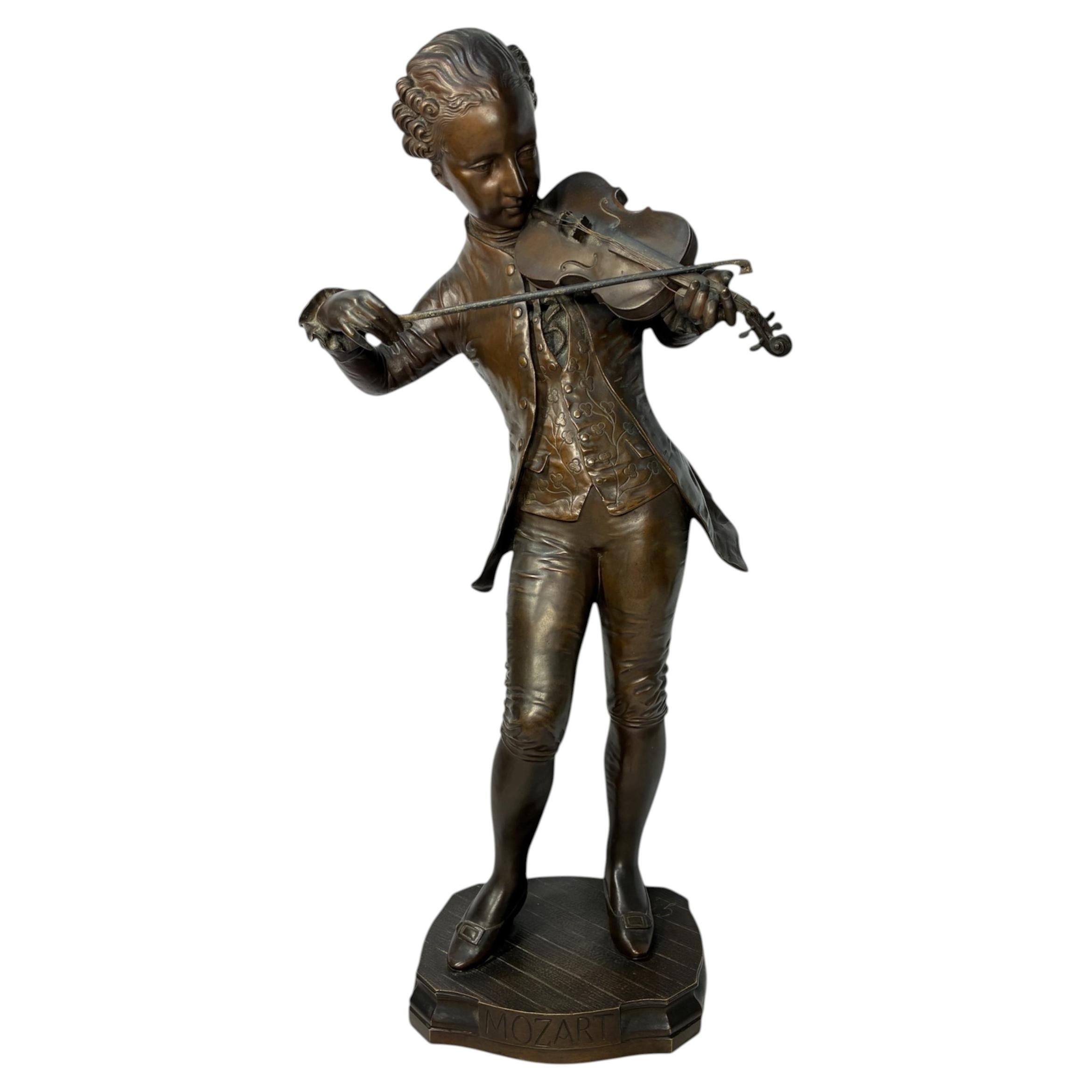 Neoclassical Bronze Sculpture Mozart Violin Signed G. Gueyton
