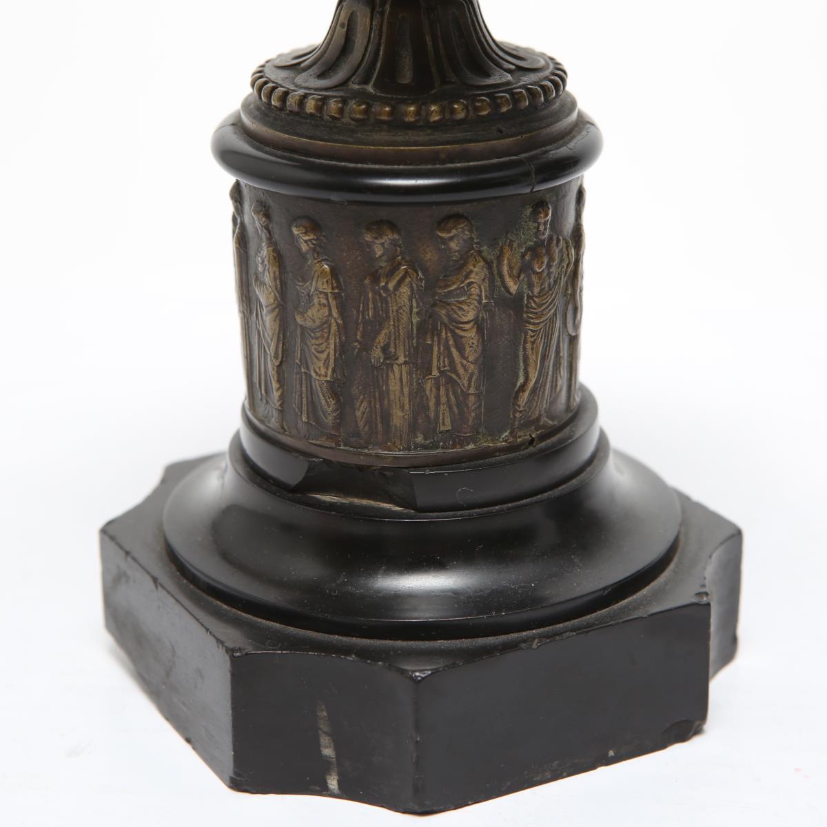 European Neoclassical Bronze Tazza Urns with Lids on Black Marble Plinths