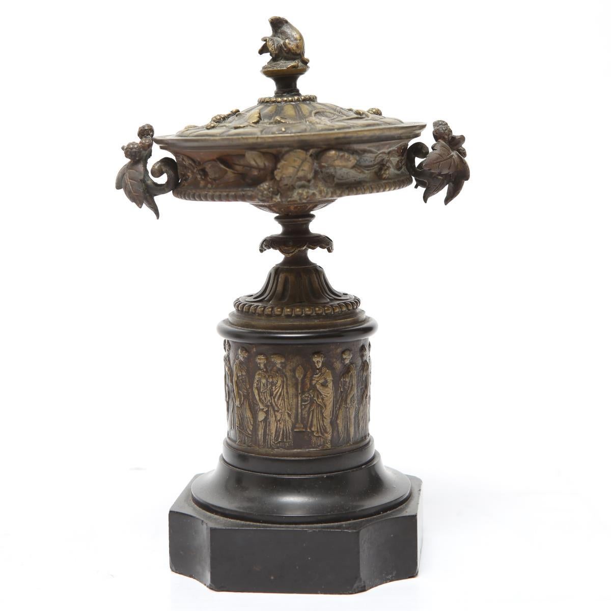 19th Century Neoclassical Bronze Tazza Urns with Lids on Black Marble Plinths