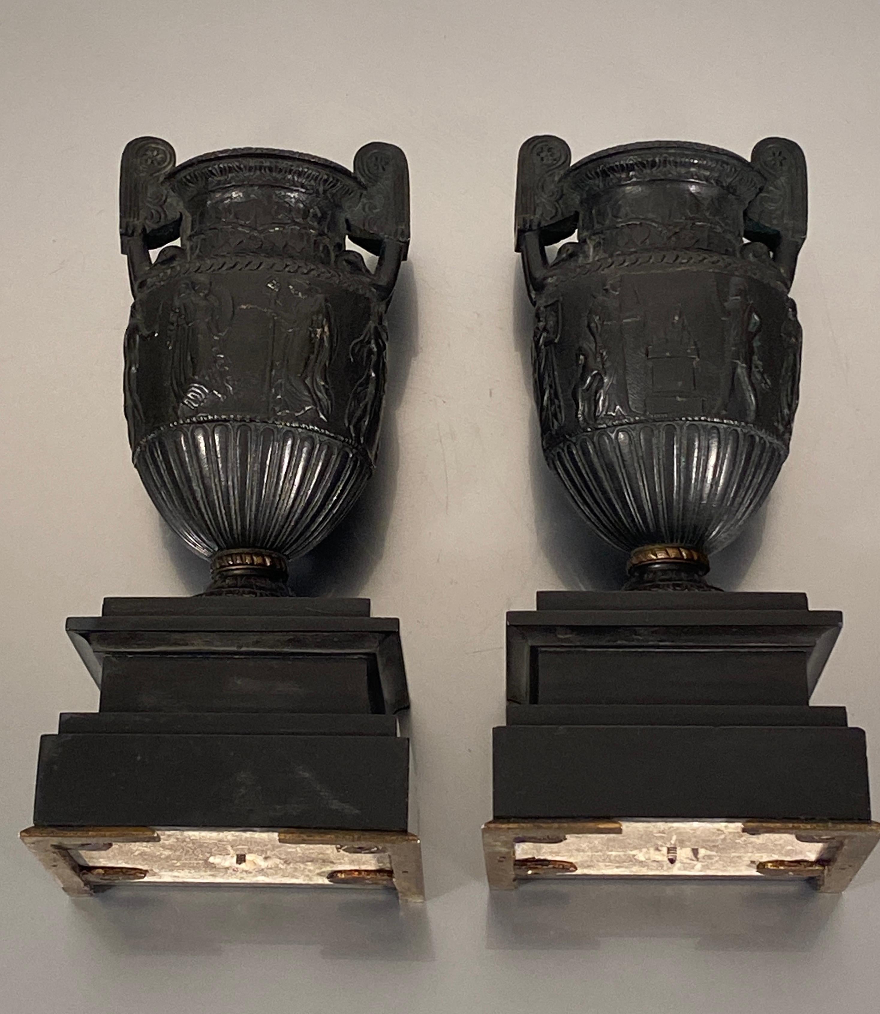 Neoclassical Bronze Urns Sosibios Volute on Slate Plinths French Pair For Sale 7
