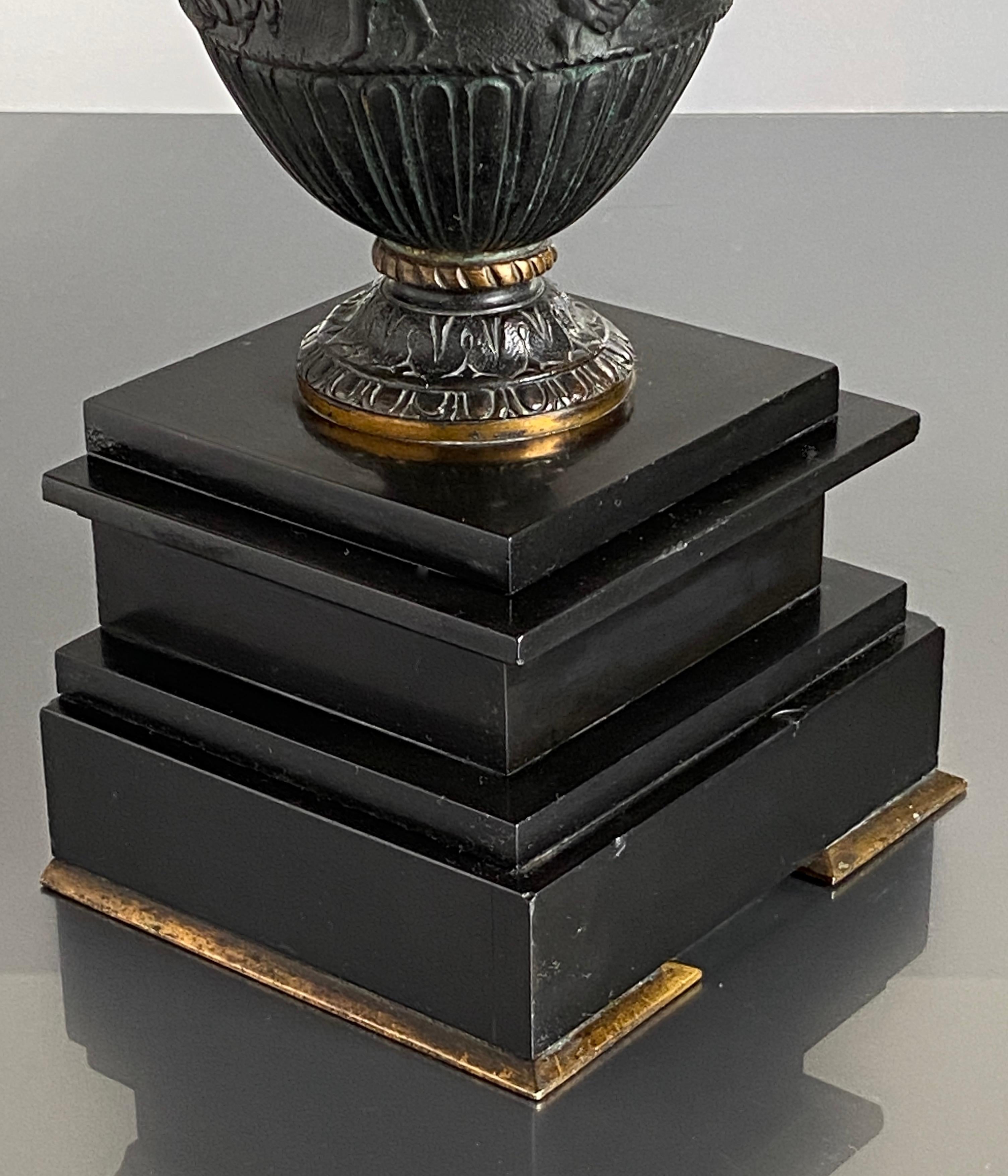 Neoclassical Bronze Urns Sosibios Volute on Slate Plinths French Pair For Sale 8