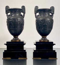 Neoclassical Bronze Urns Sosibios Volute on Slate Plinths French Pair