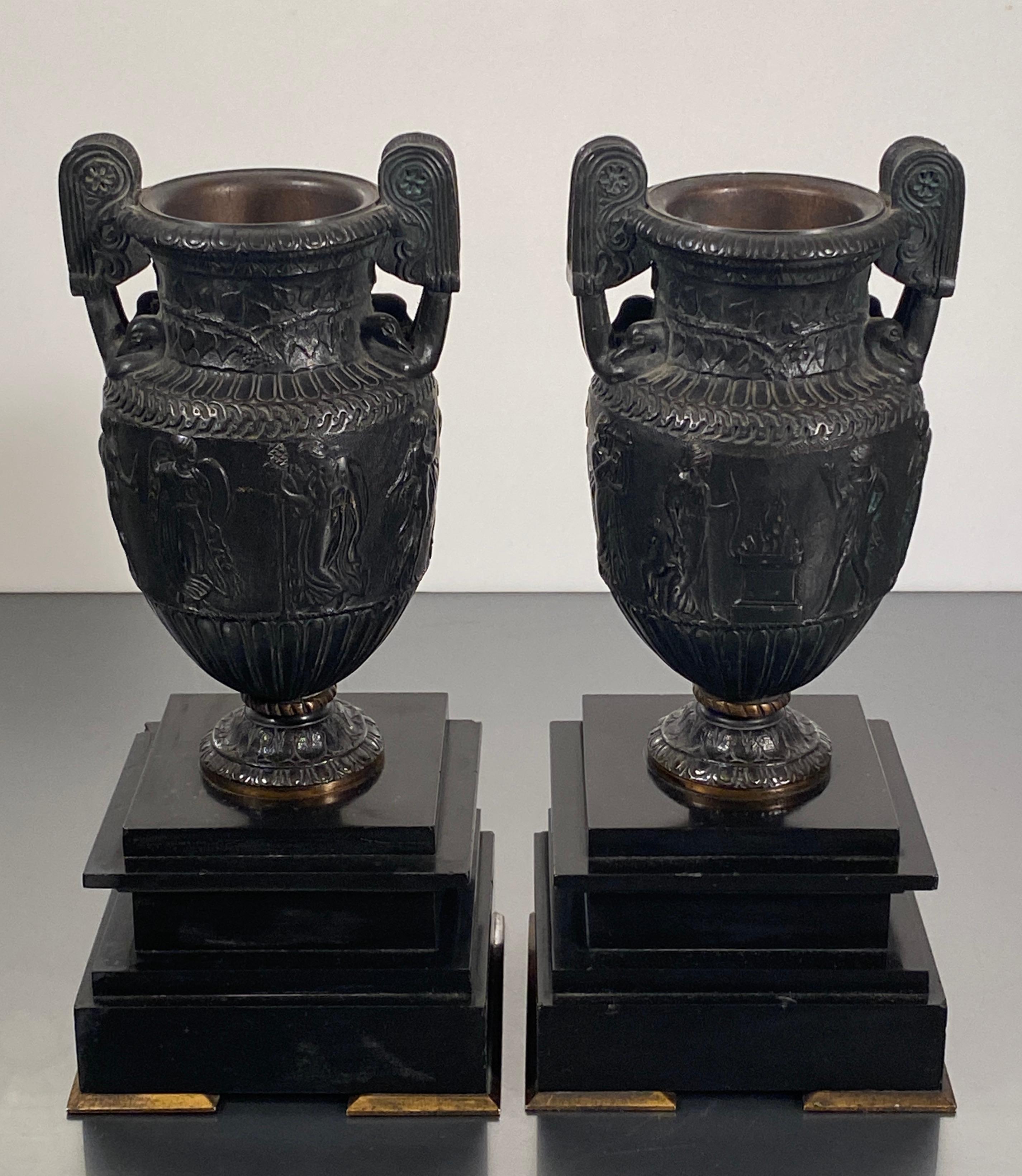 Grand Tour Neoclassical Bronze Urns Sosibios Volute on Slate Plinths French Pair For Sale