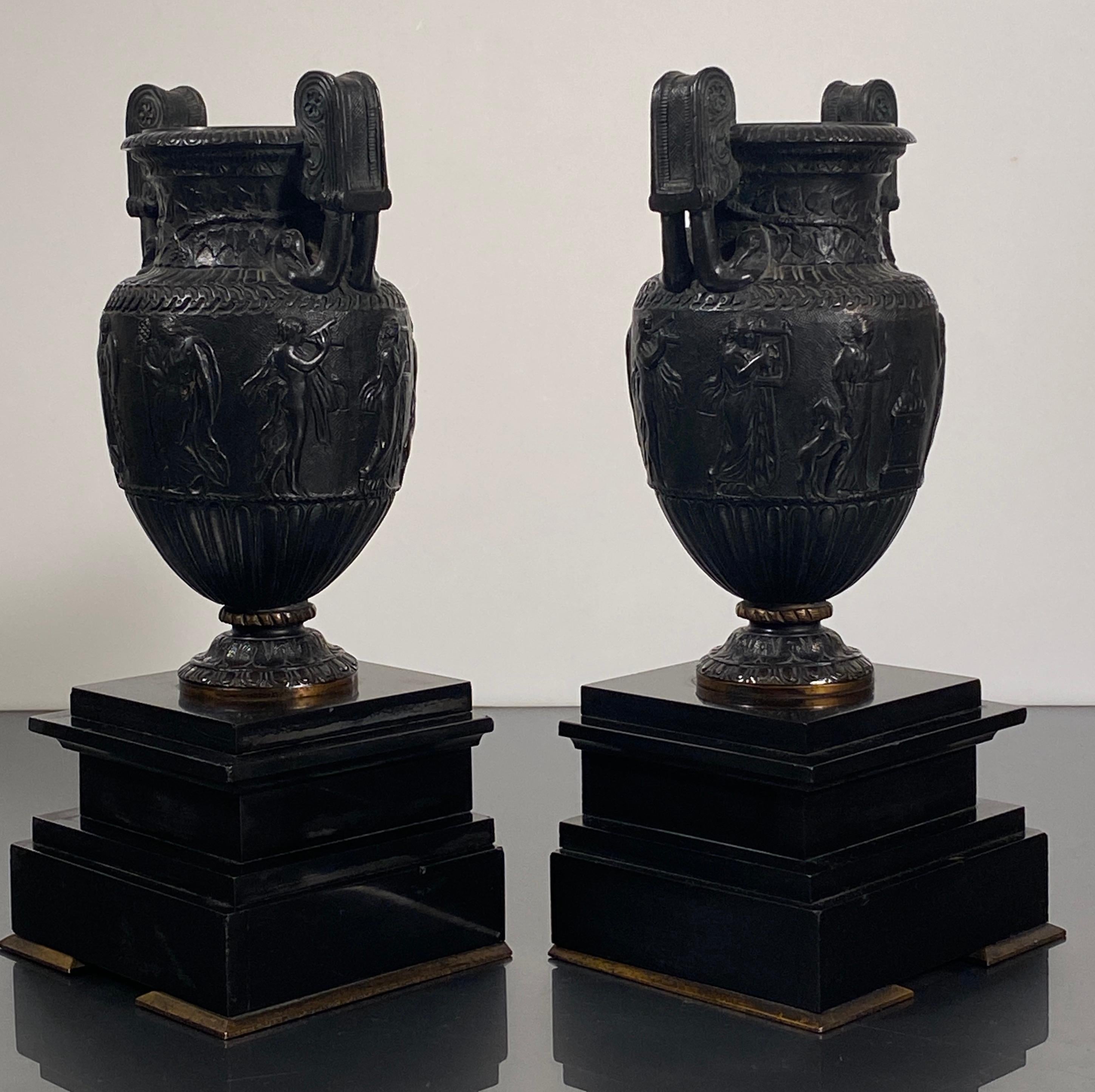 Neoclassical Bronze Urns Sosibios Volute on Slate Plinths French Pair For Sale 2