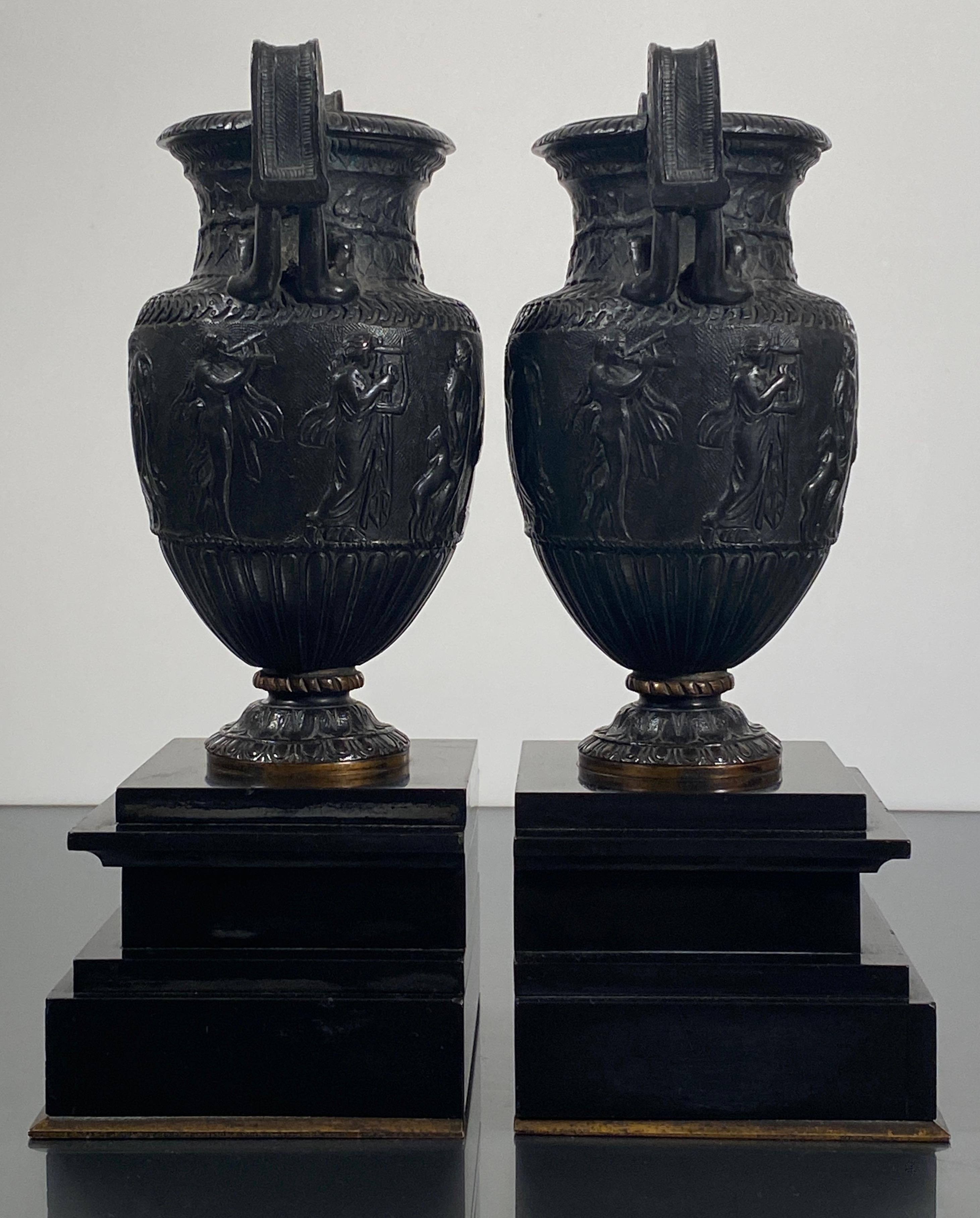 Neoclassical Bronze Urns Sosibios Volute on Slate Plinths French Pair For Sale 3