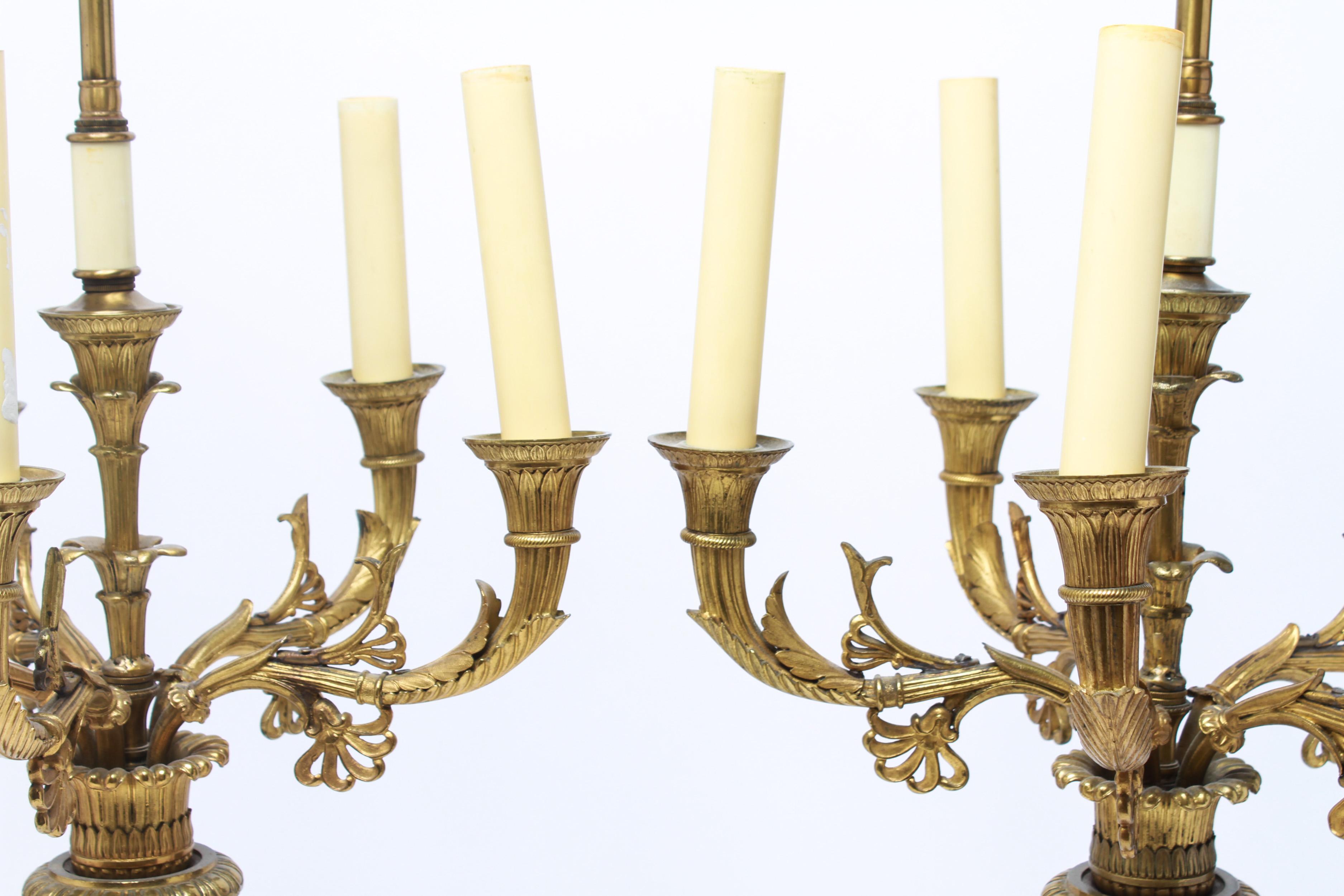 European Neoclassical Candelabra Table Lamps in Gilt Bronze