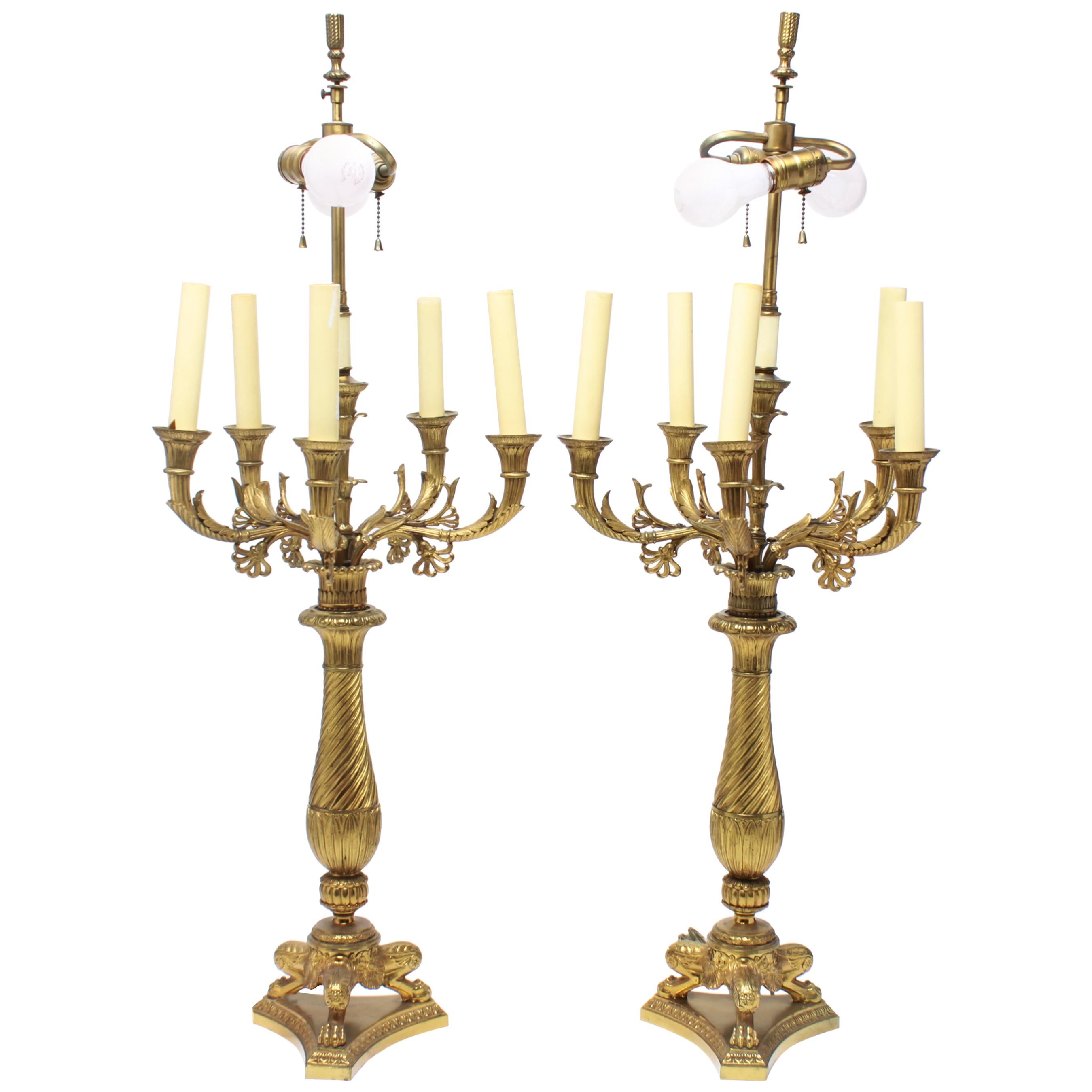 Neoclassical Candelabra Table Lamps in Gilt Bronze
