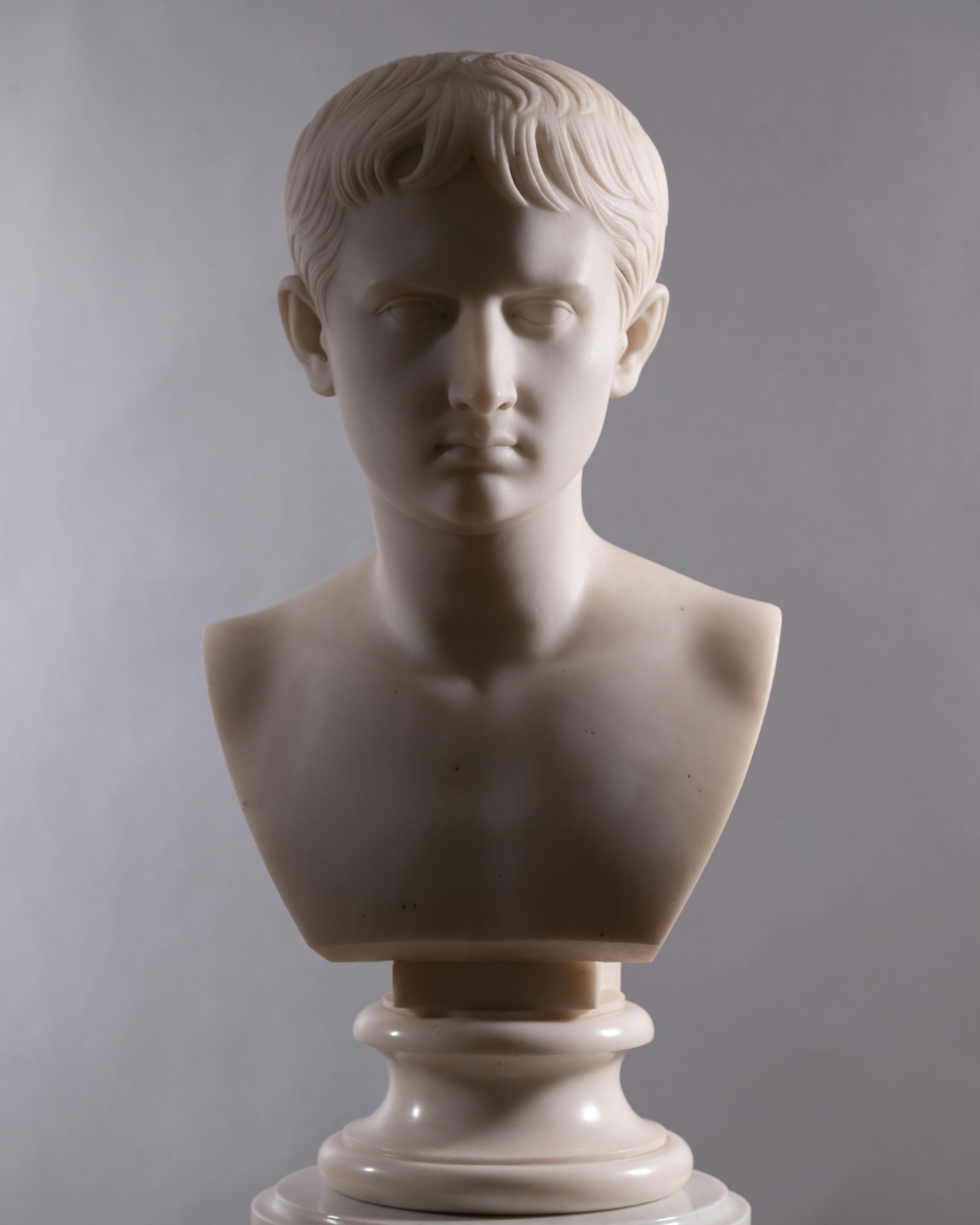 Neoclassic Bust of Gaius Octavius
White Carrara Marble bust of the Young Octavian rests on a waisted circular base.
Great and harmonious detail the figure conveys the tenderness as well as the determination of the young man later to become Rome’s