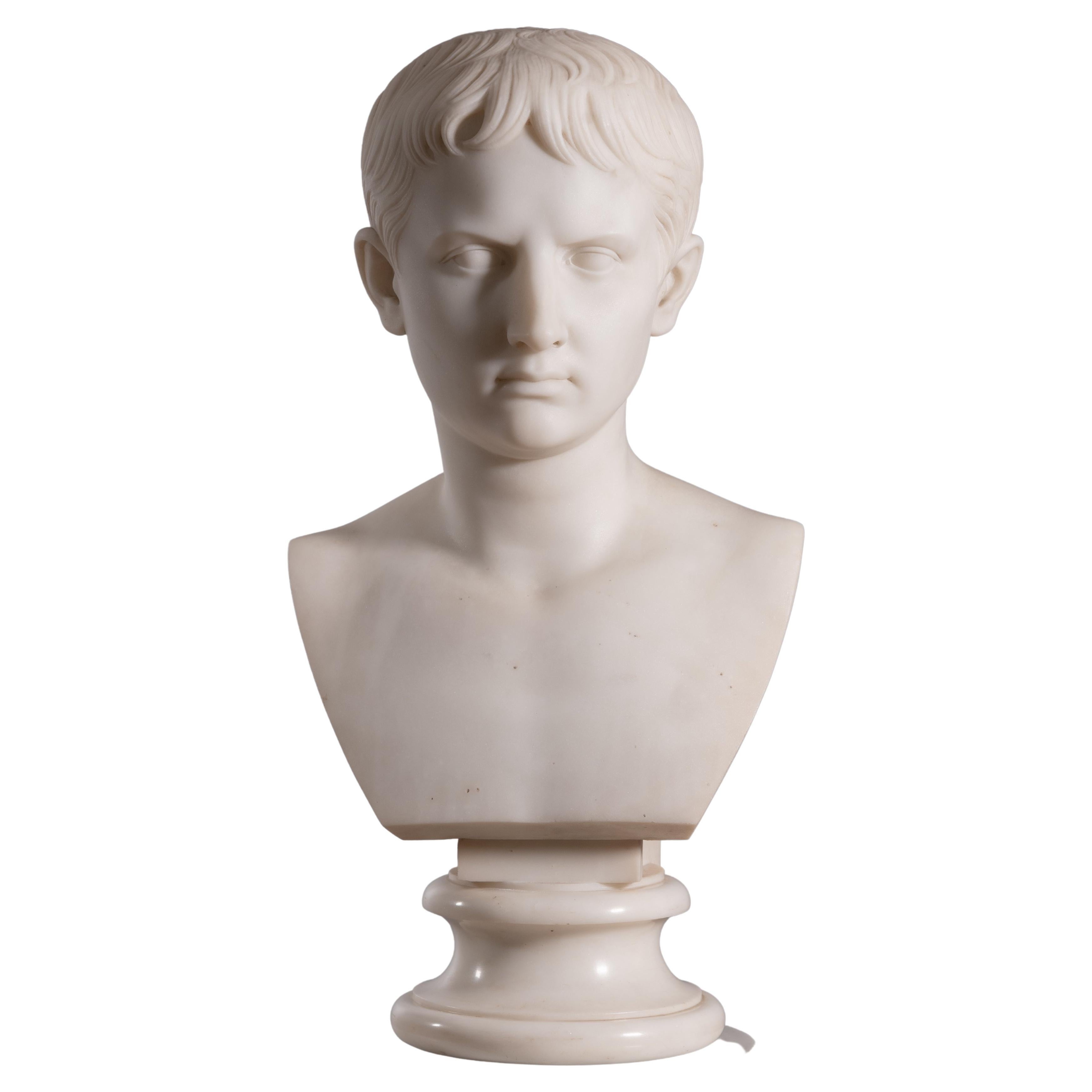 Italian Neoclassical Carrara Marble Bust of the Young Octavian