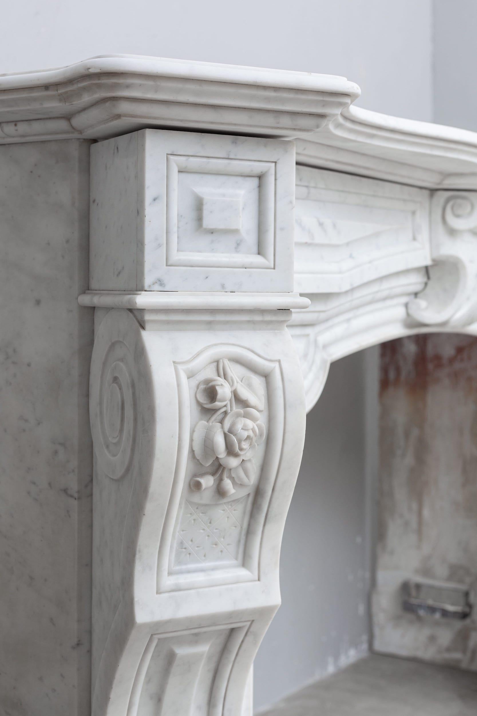 Hand-Carved Neoclassical French Carrara Marble White Antique Fireplace For Sale