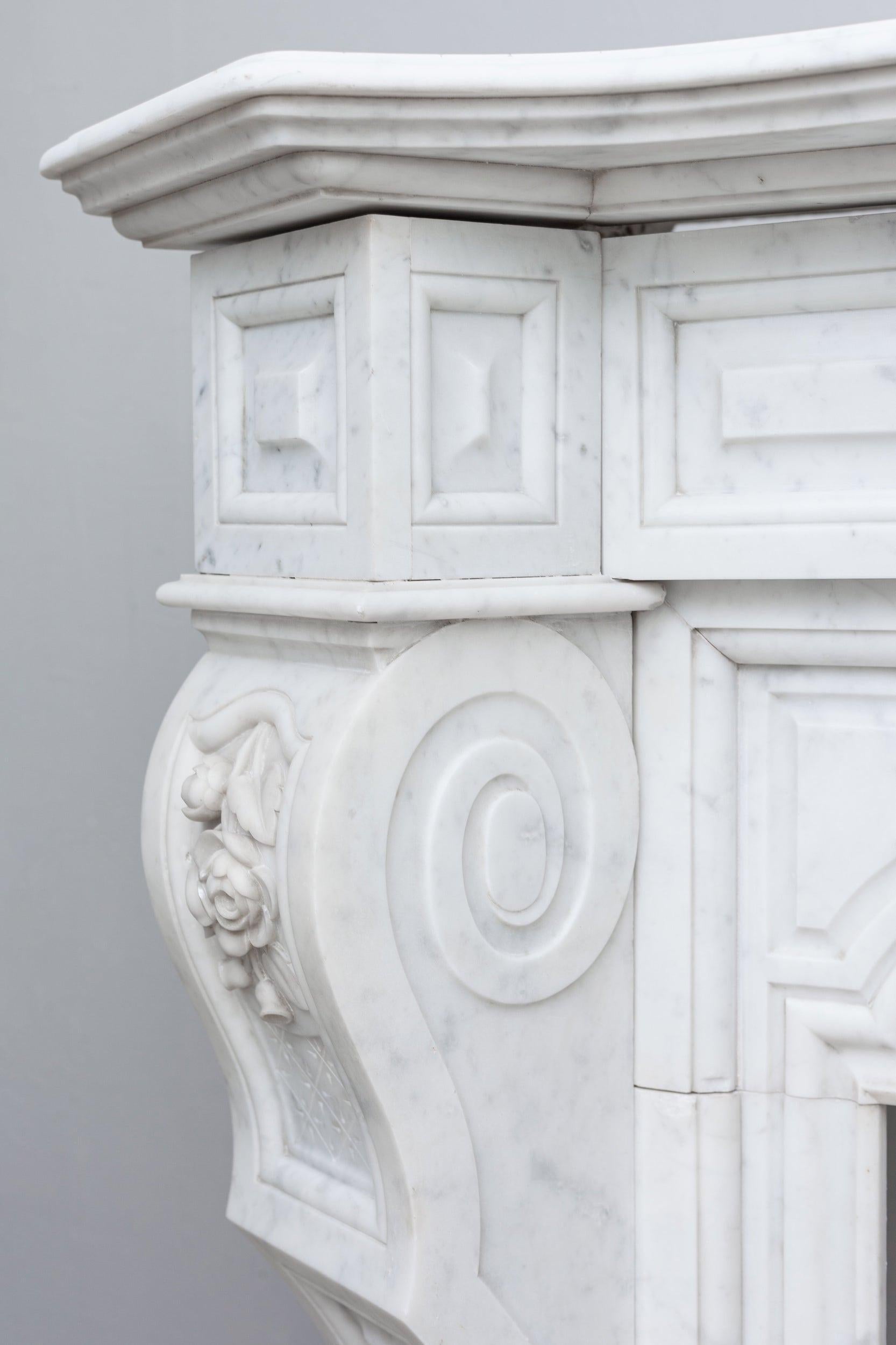 Neoclassical French Carrara Marble White Antique Fireplace For Sale 3