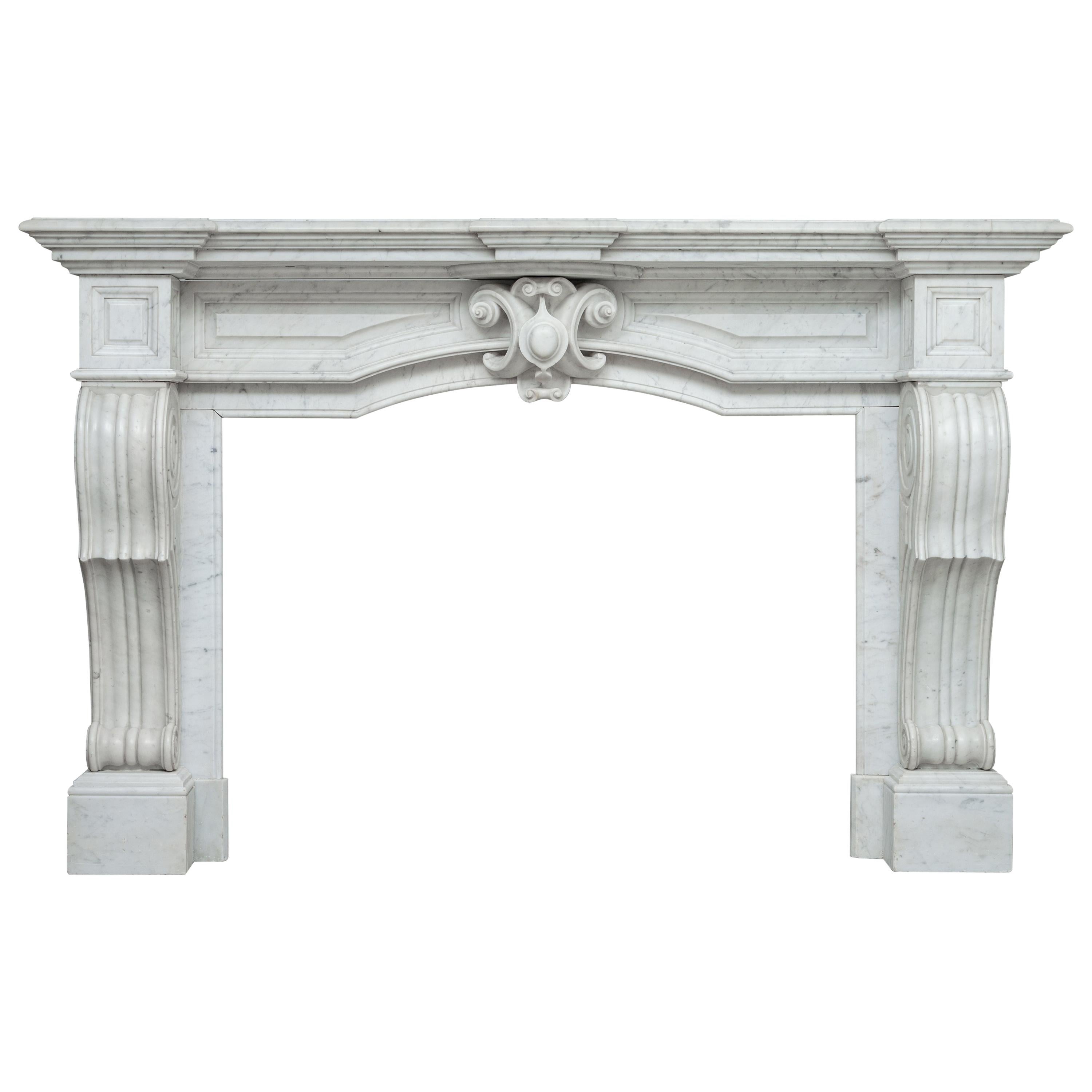 Neoclassical French Carrara White Marble Antique Fireplace For Sale