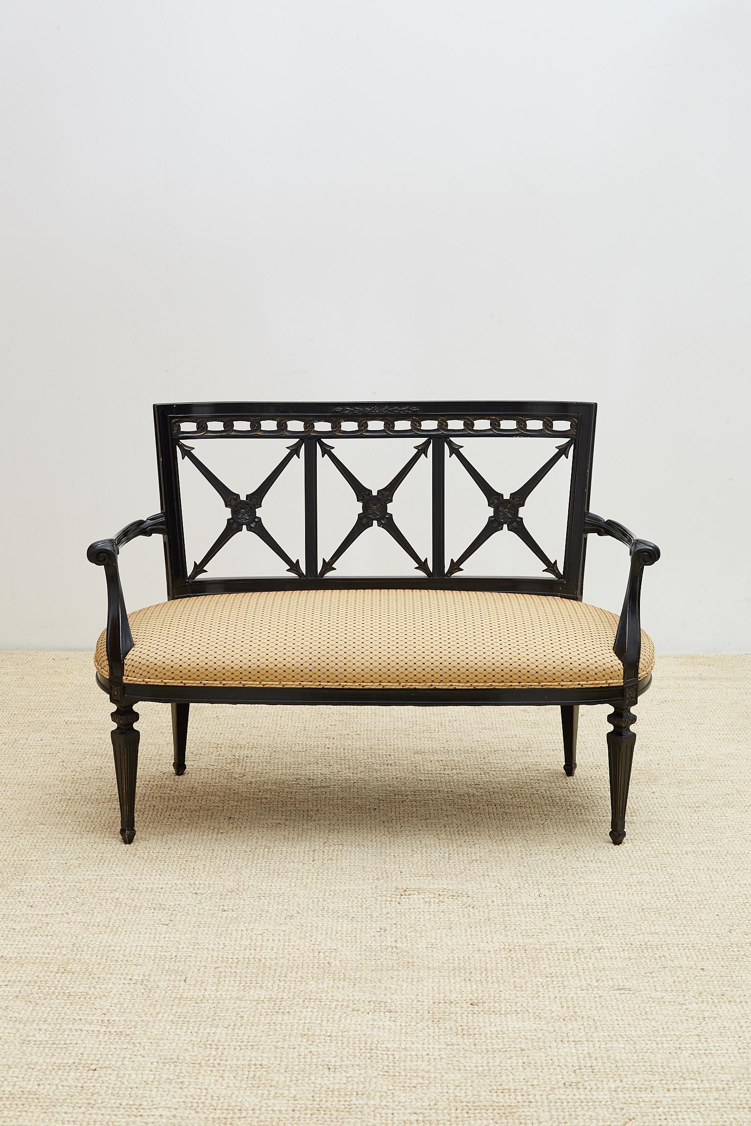 Hand-Crafted Neoclassical Carved Black Lacquer Settee or Bench