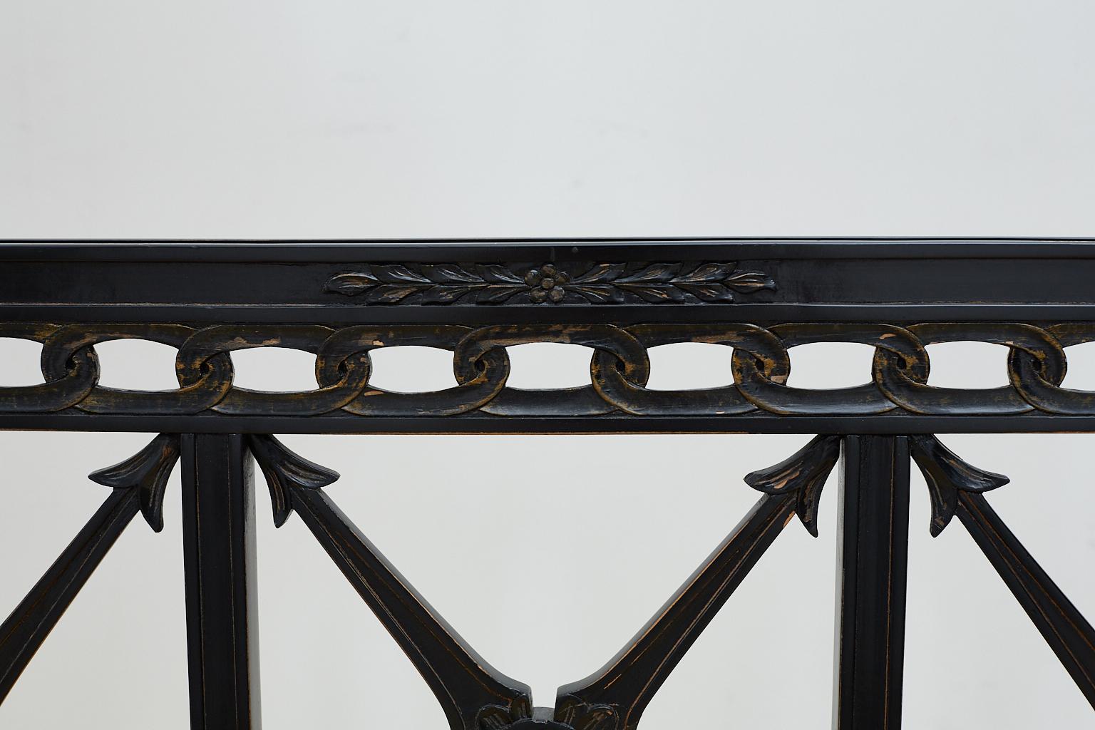 20th Century Neoclassical Carved Black Lacquer Settee or Bench