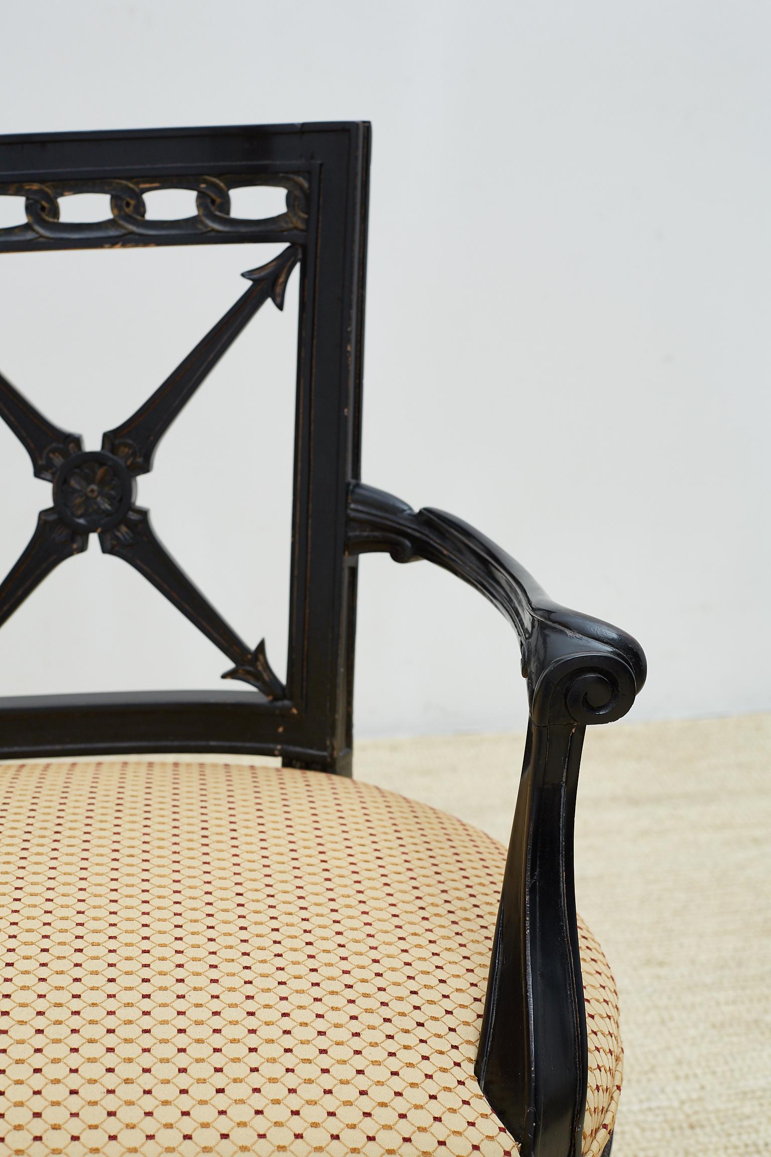 Neoclassical Carved Black Lacquer Settee or Bench 1