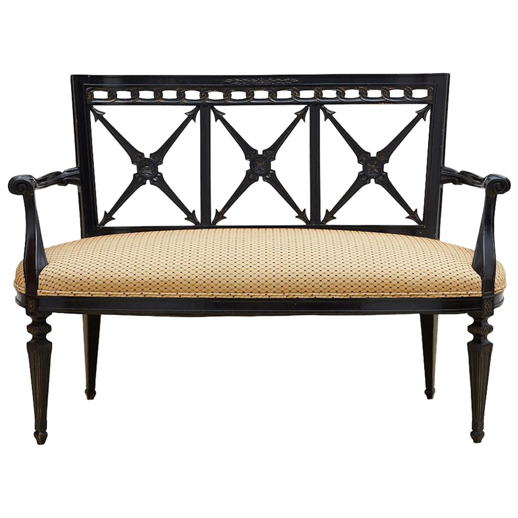 Neoclassical Carved Black Lacquer Settee or Bench