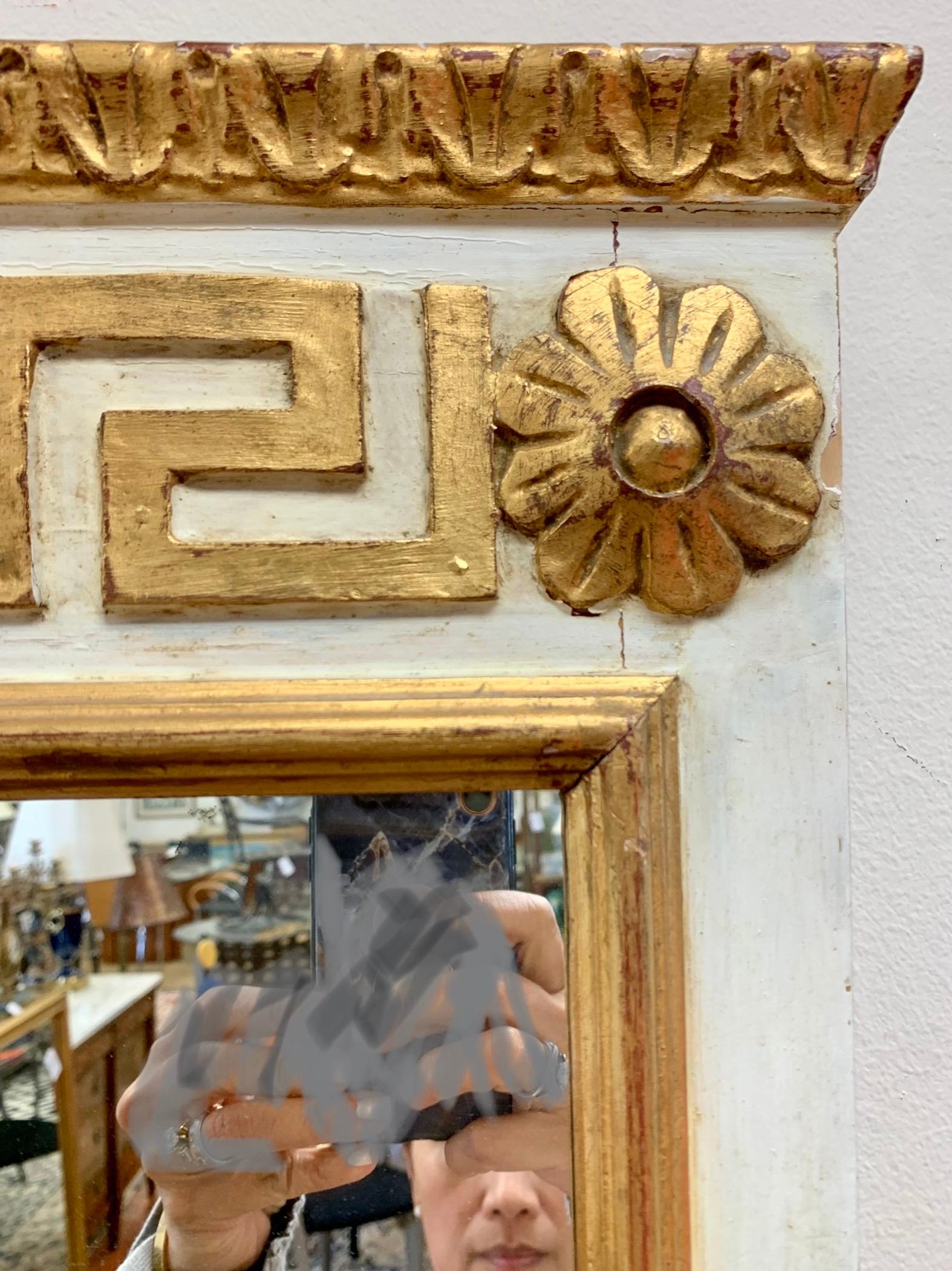 20th Century Neoclassical Carved Cream and Gold Giltwood Mirror Greek Key