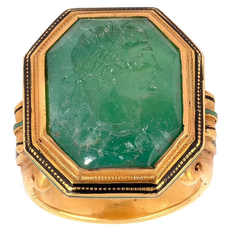 Neoclassical Carved Emerald Intaglio Ring at 1stDibs