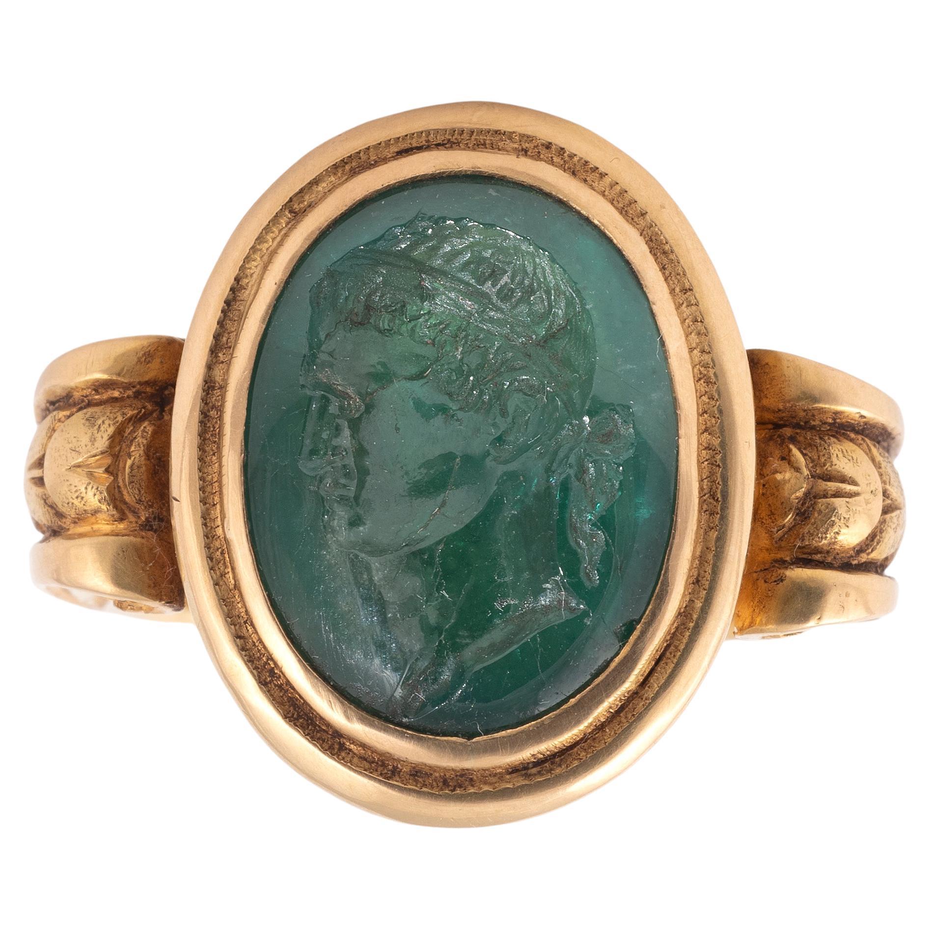 Neoclassical Carved Emerald Intaglio Ring With Caligola Roman Emperor ...