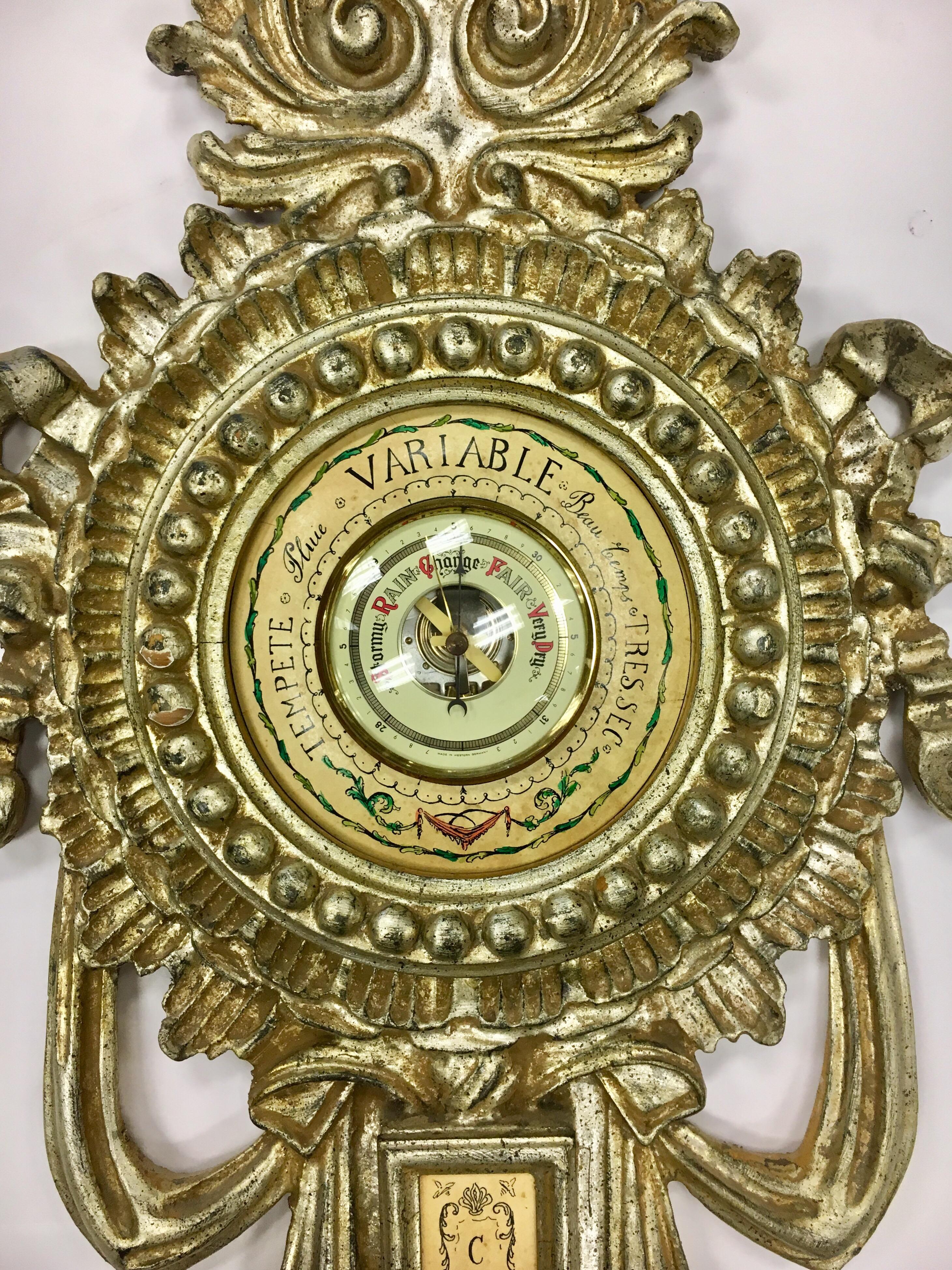 Neoclassical Carved Giltwood Wall Barometer Thermometer Made in Italy In Excellent Condition In West Hartford, CT