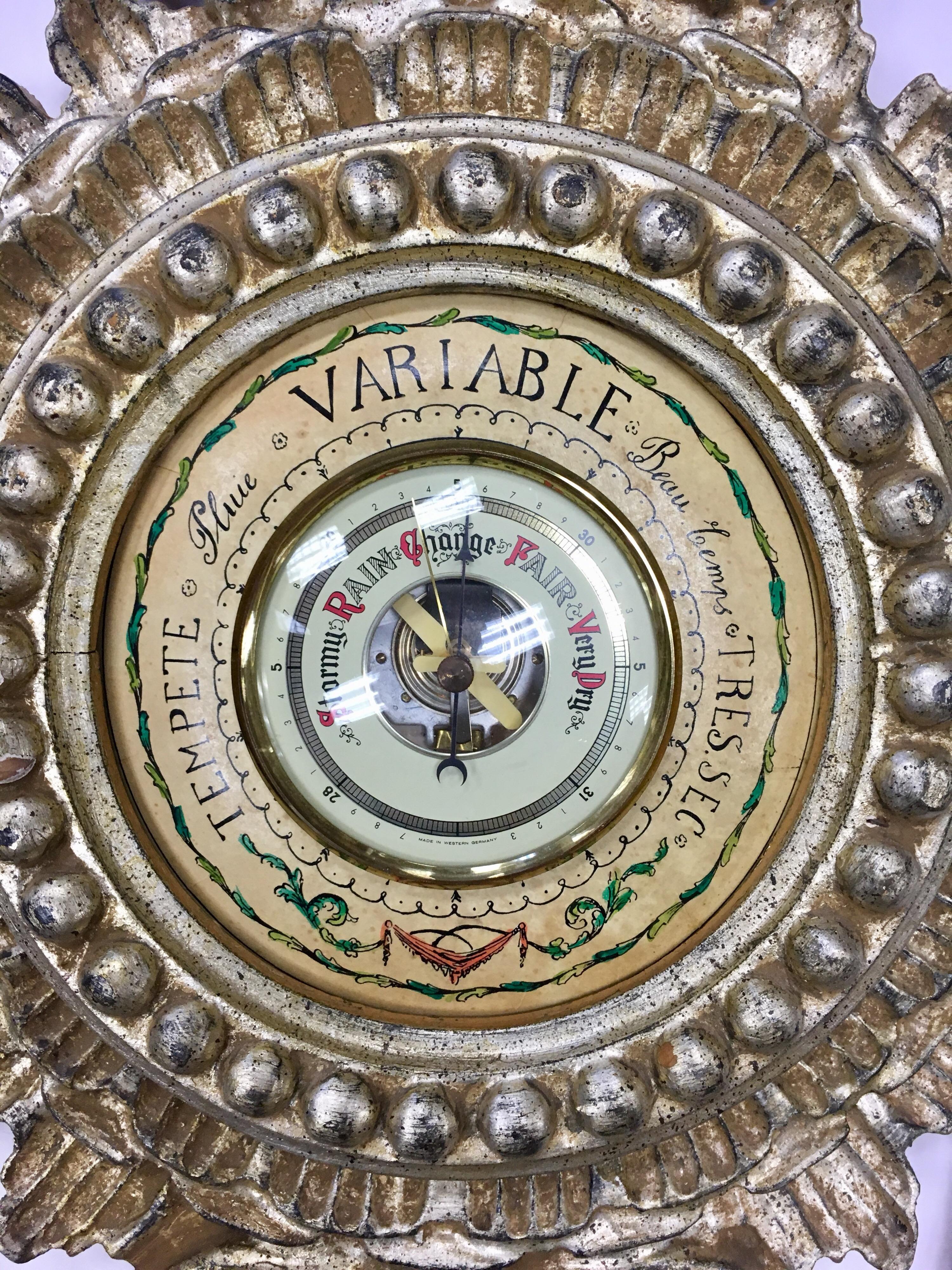 Mid-20th Century Neoclassical Carved Giltwood Wall Barometer Thermometer Made in Italy