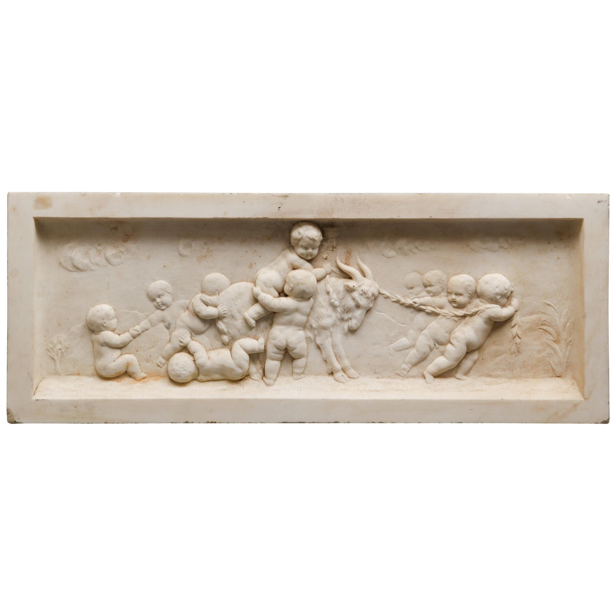 Neoclassical Carved Marble Bas-Relief Architectural Plaque with Cherubs
