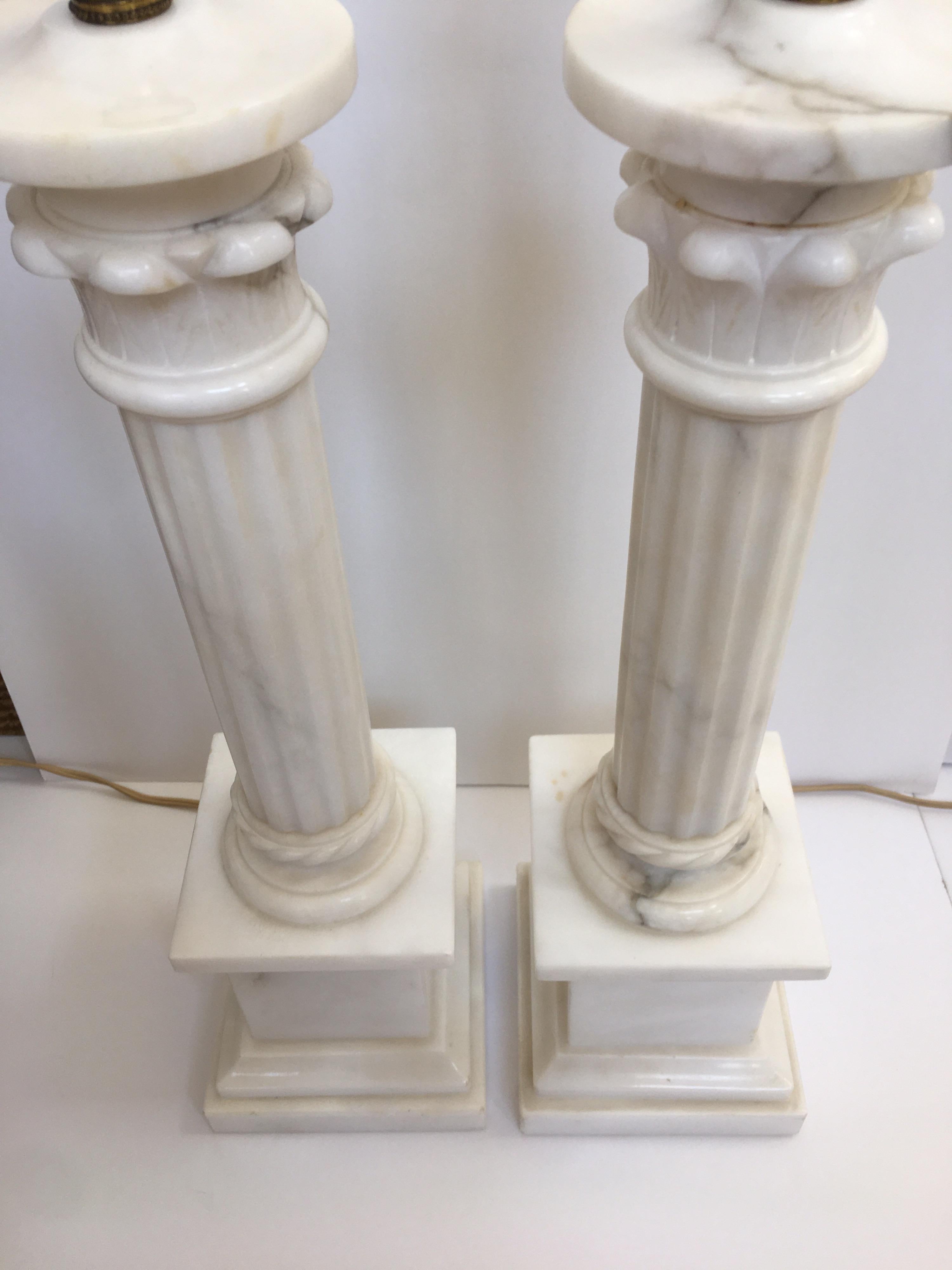 Neoclassical Carved Marble Column Table Lamps, Pair 4