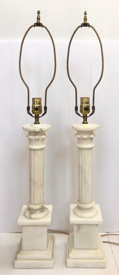 Neoclassical Carved Marble Column Table Lamps, Pair