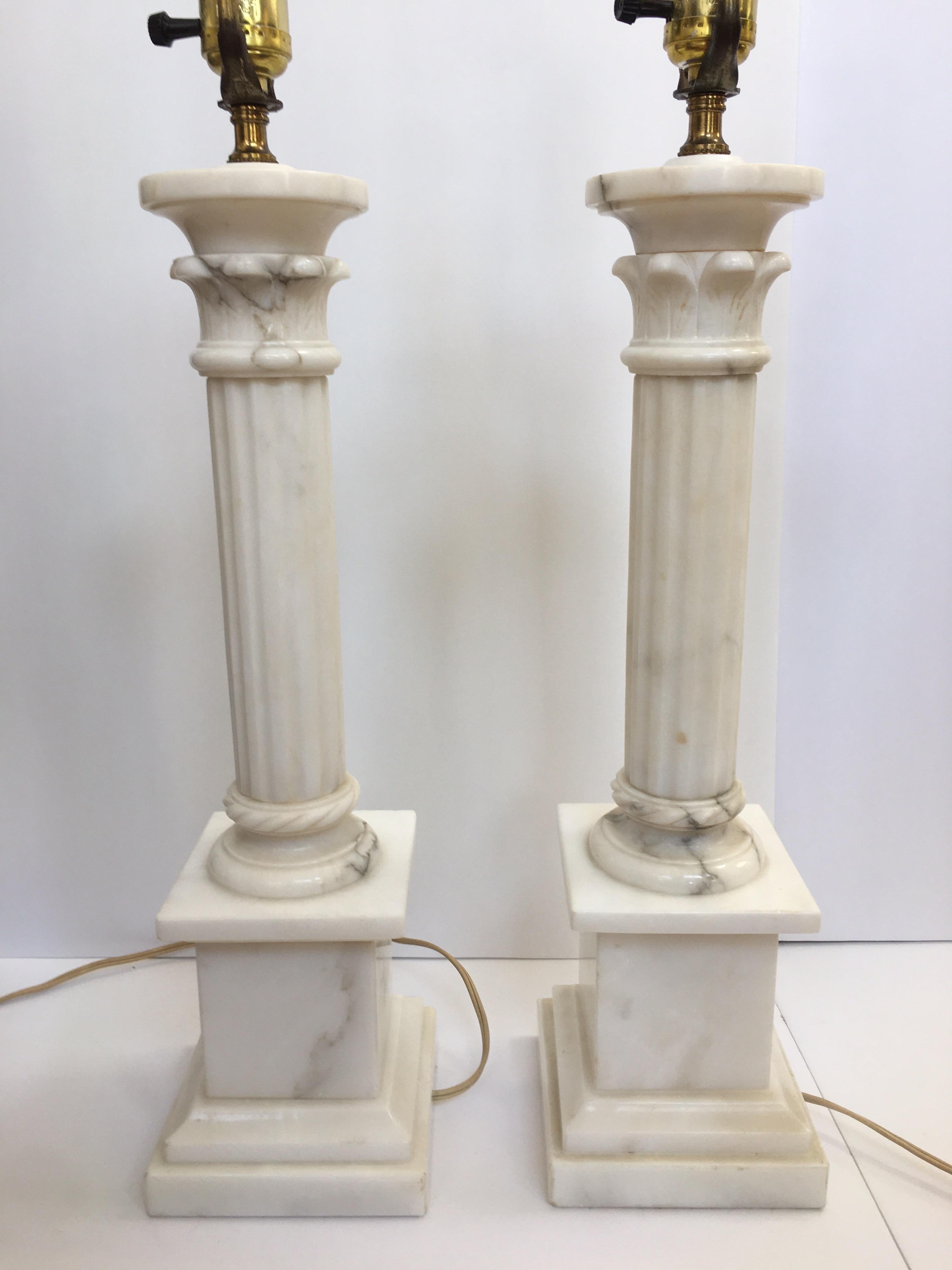 Neoclassical Carved Marble Column Table Lamps, Pair In Good Condition In Lambertville, NJ