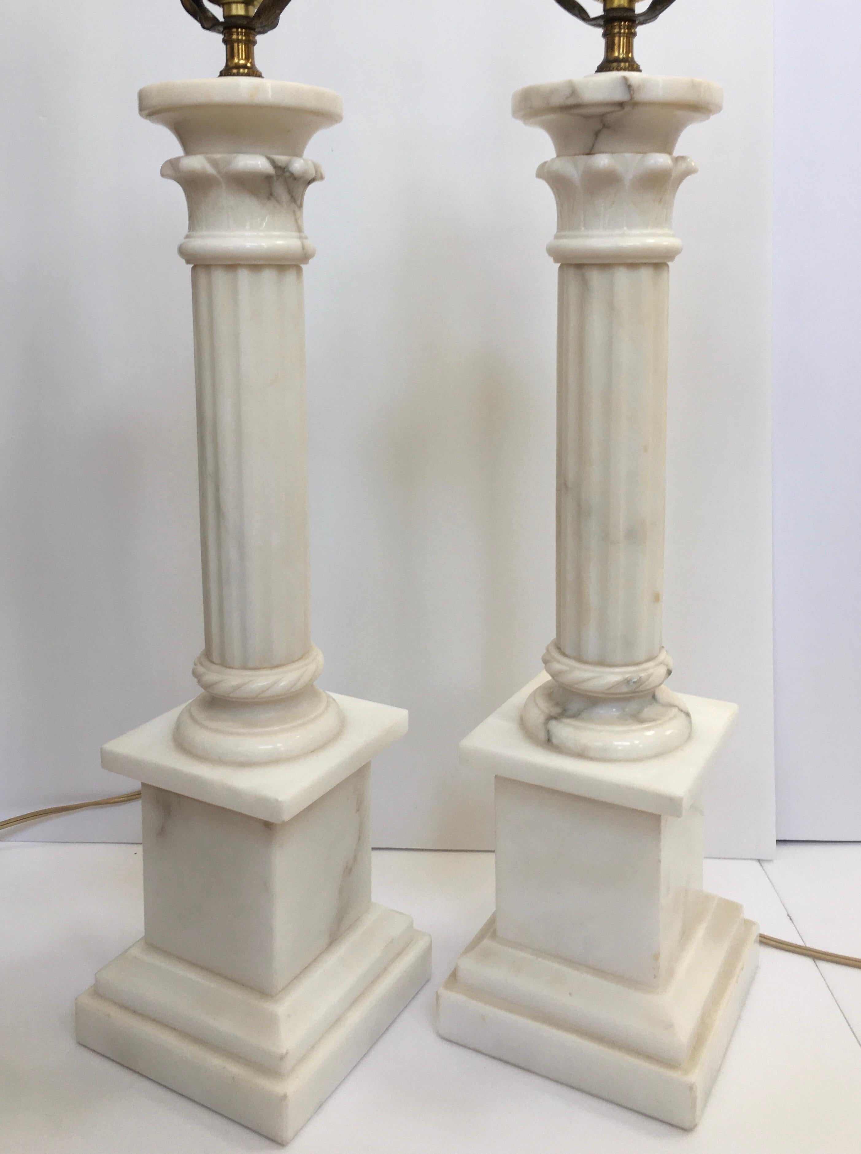 20th Century Neoclassical Carved Marble Column Table Lamps, Pair