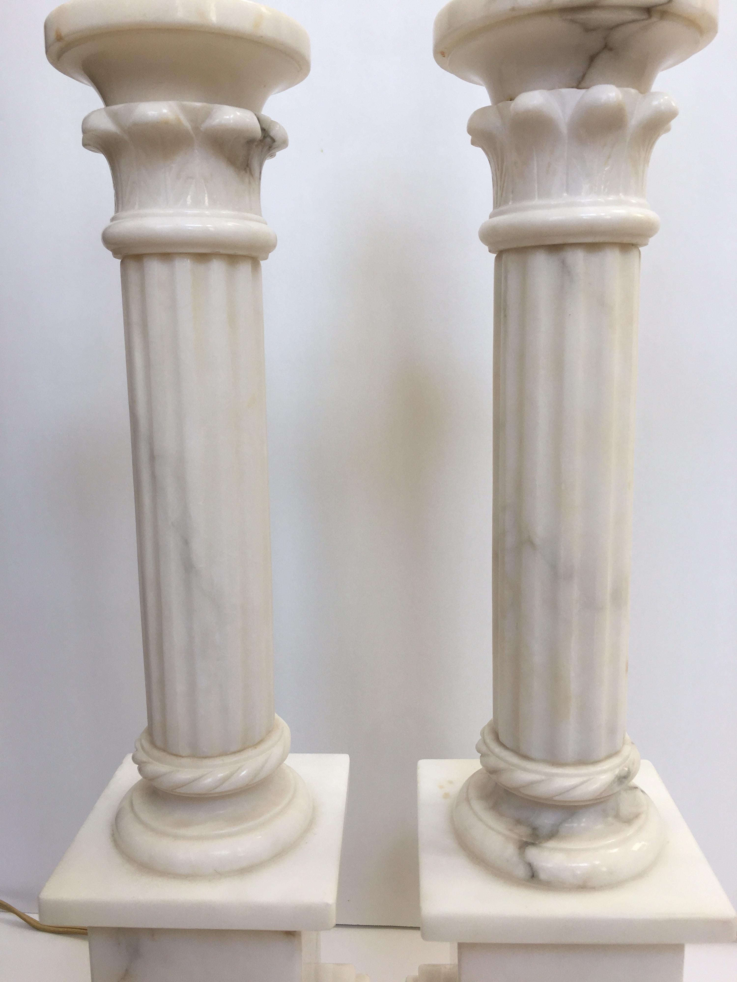 Neoclassical Carved Marble Column Table Lamps, Pair 1