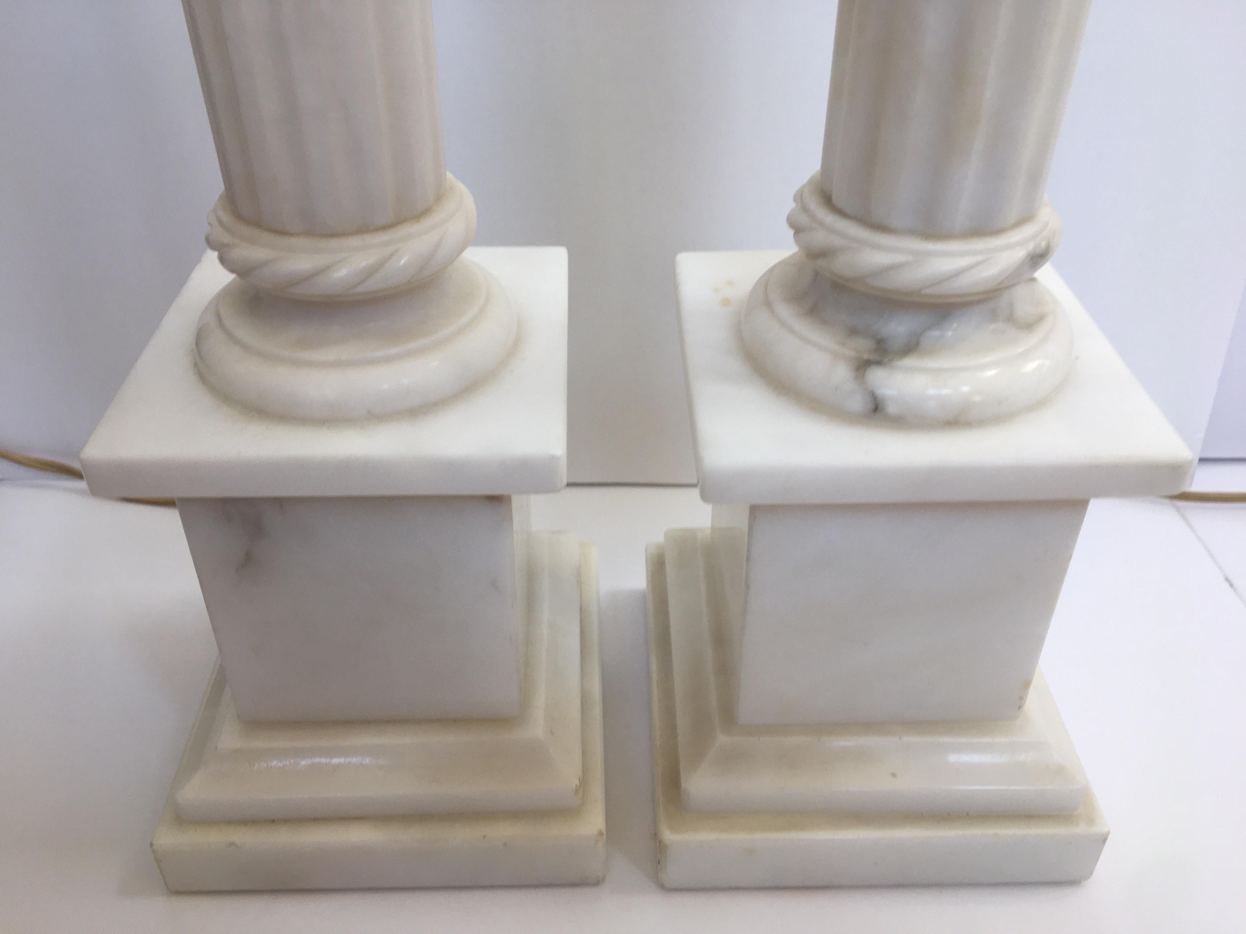 Neoclassical Carved Marble Column Table Lamps, Pair 2