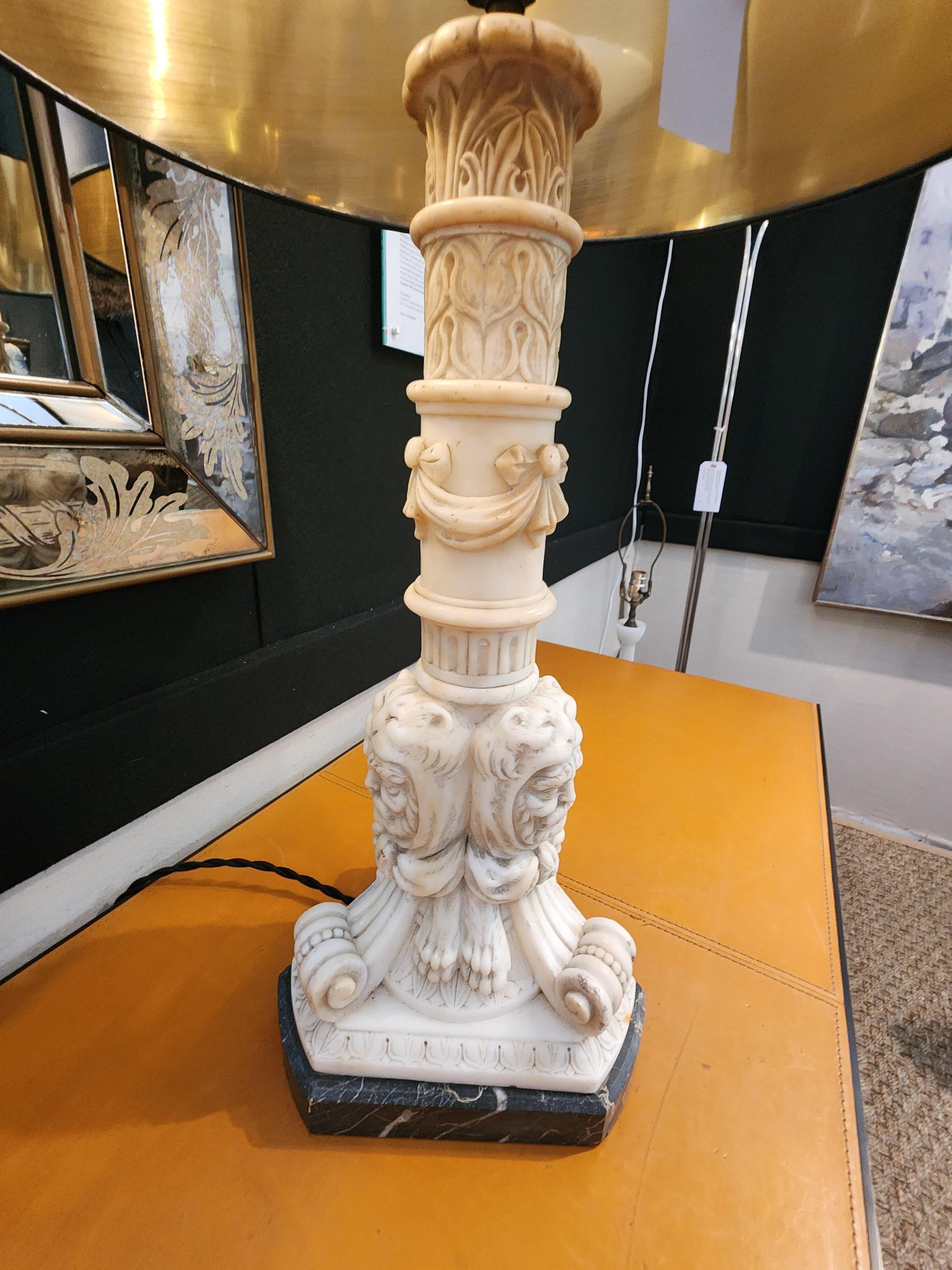 Neoclassical Carved Marble Table Lamp Grand Tour In Fair Condition For Sale In Hudson, NY