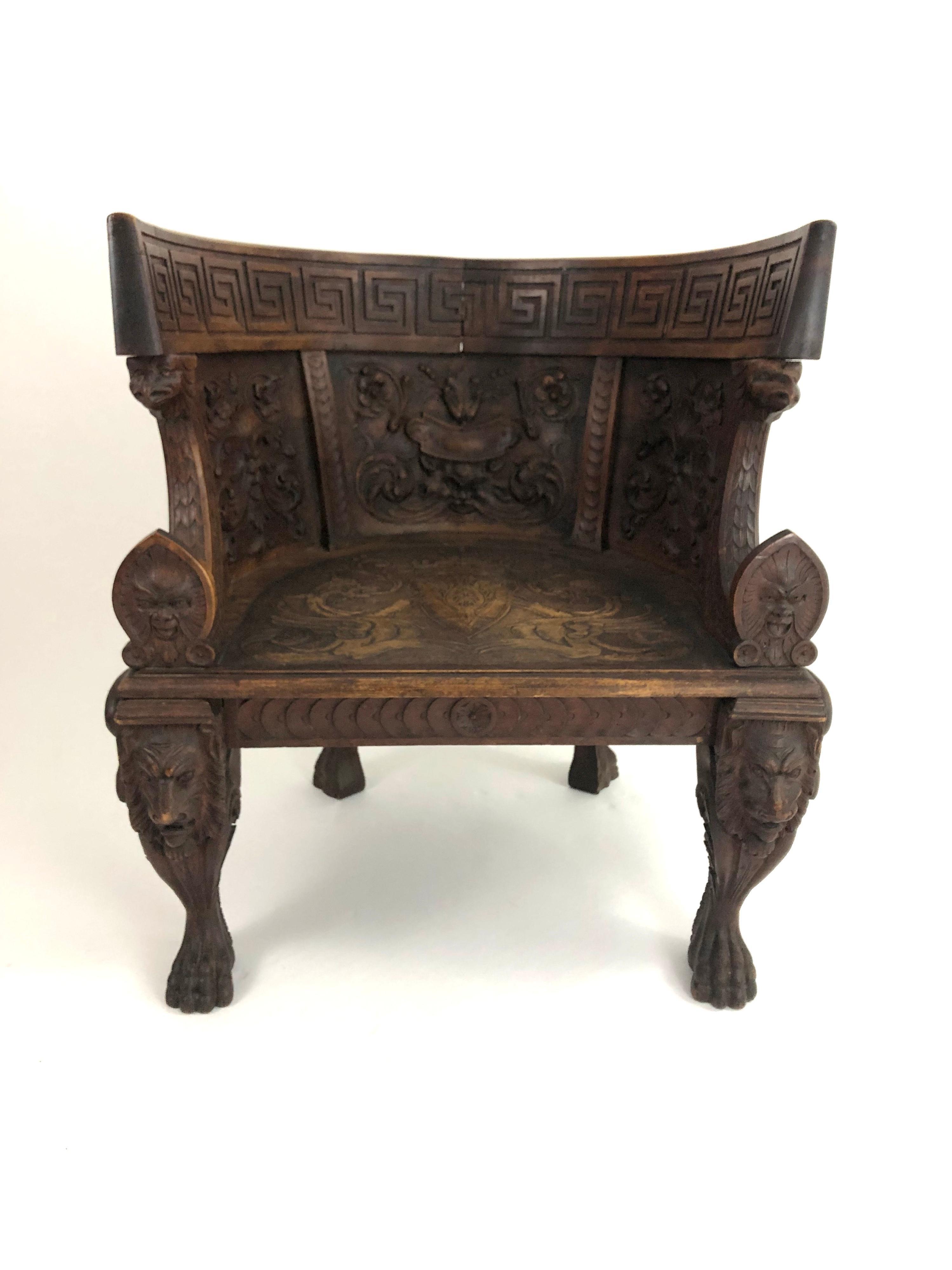 Italian Neoclassical Carved Walnut Grand Tour Throne Armchair