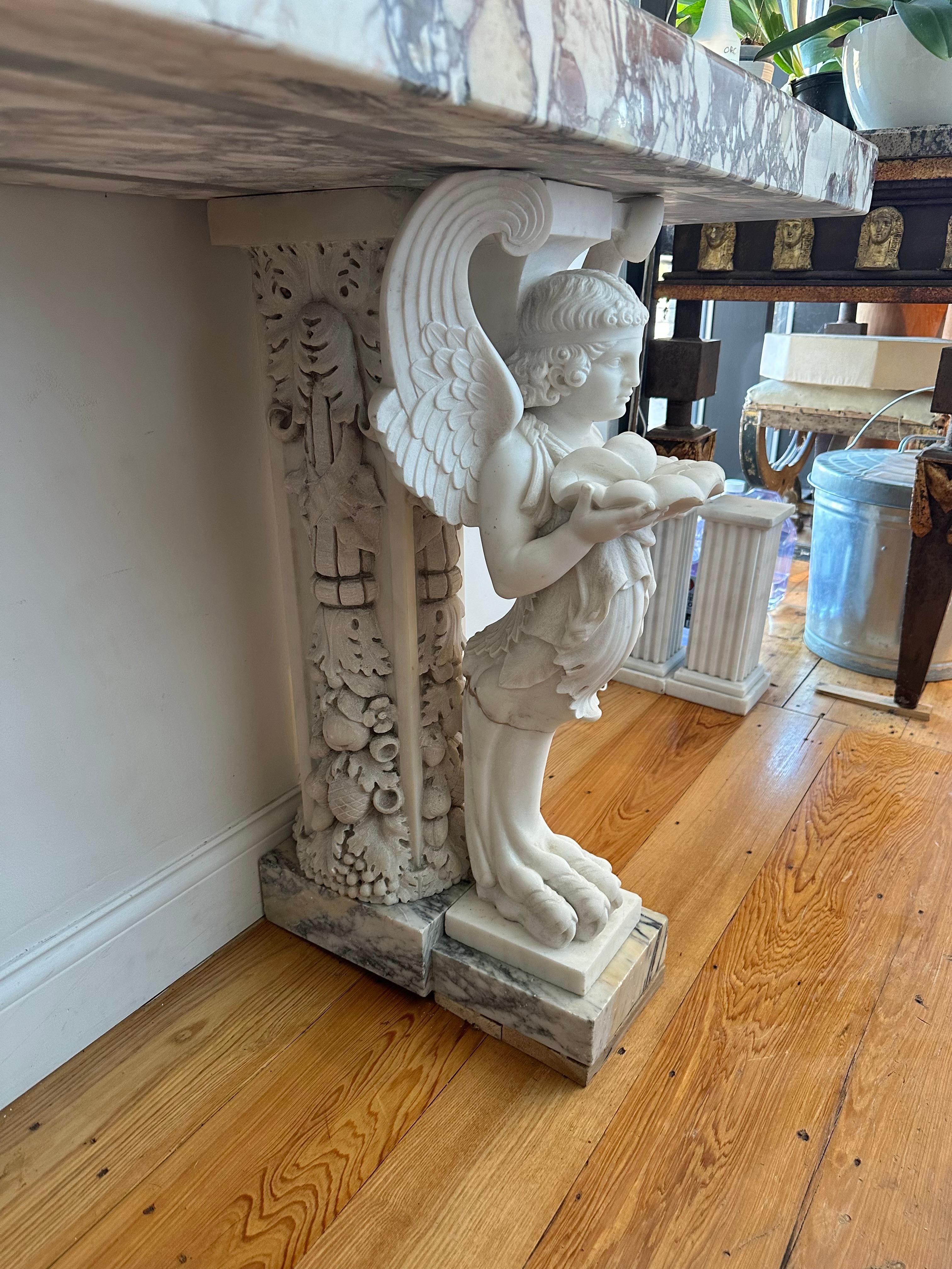 Neoclassical Carved White and Brèche Violette Marble Console For Sale 4