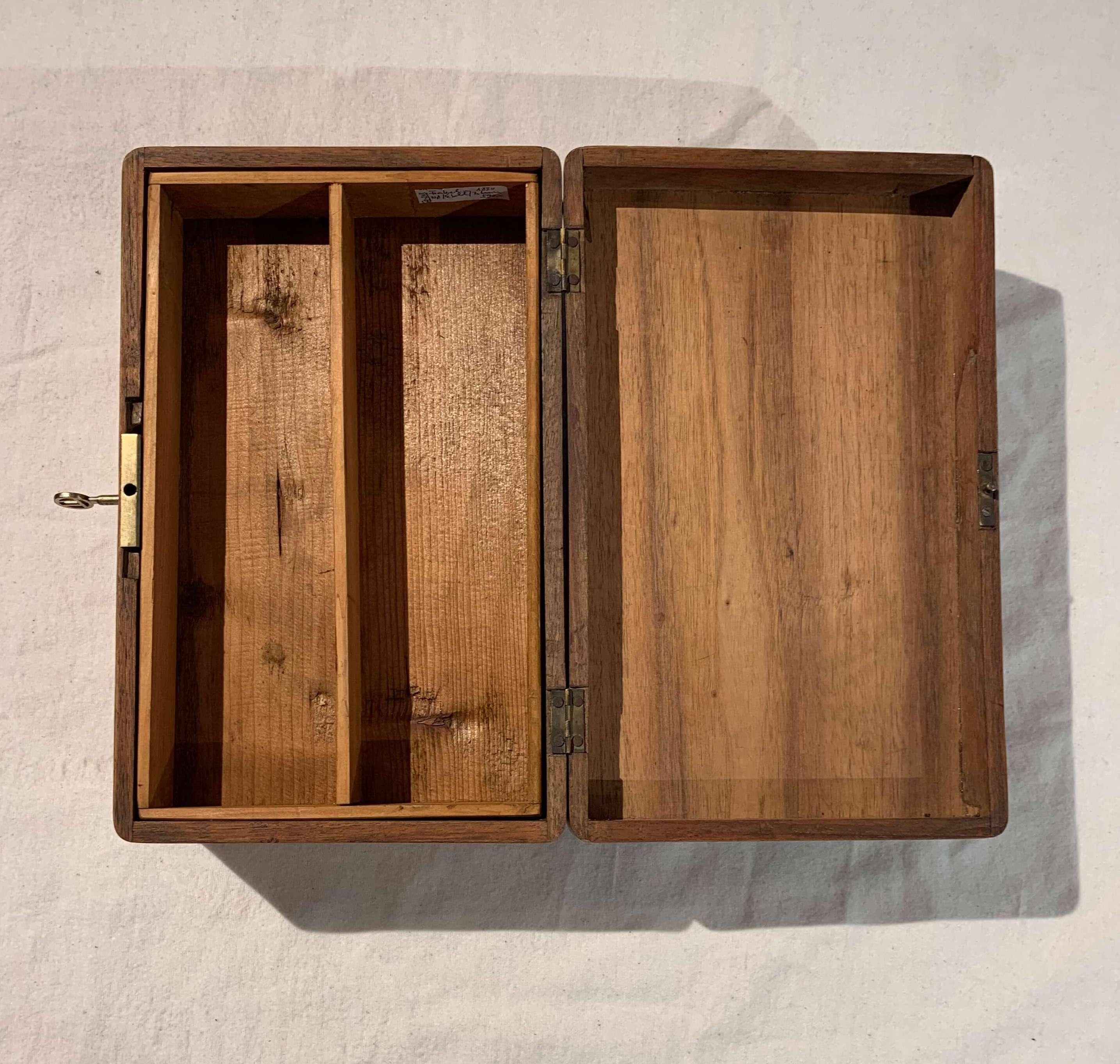 Fruitwood Neoclassical Box, Walnut, Ebony, Colored Inlays, South Germany circa 1840